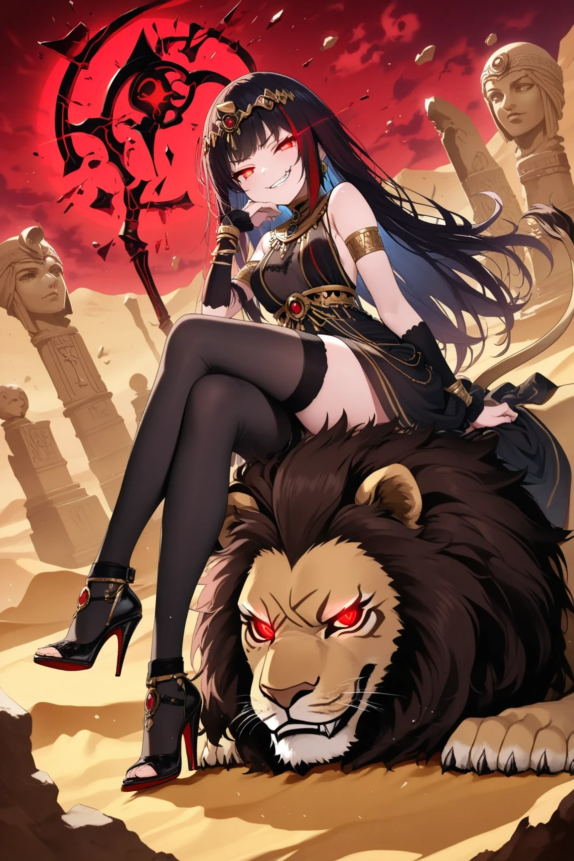 (masterpiece, Creative Concept ), of the rays of God, Medium-sized photograph of an Egyptian-inspired royal princess with a perverse smile and crisp, bright eyes, wearing an elegant black dress and Ancient Egyptian gold with ornate jewels, accessories with precious stones and golden snake bracelet, who confidently rest a high-heeled foot on the back of a huge lion, the lion submits quietly under its, Intense foreground centered on his petulant and evil expression, background of ancient desert ruins with shattered statues, swirling golden sand under a crimson sky, faintly-glowing magic glyphs, dramatic cinematographic lighting that emphasizes his dominance, ultra detailed, best quality, masterpiece