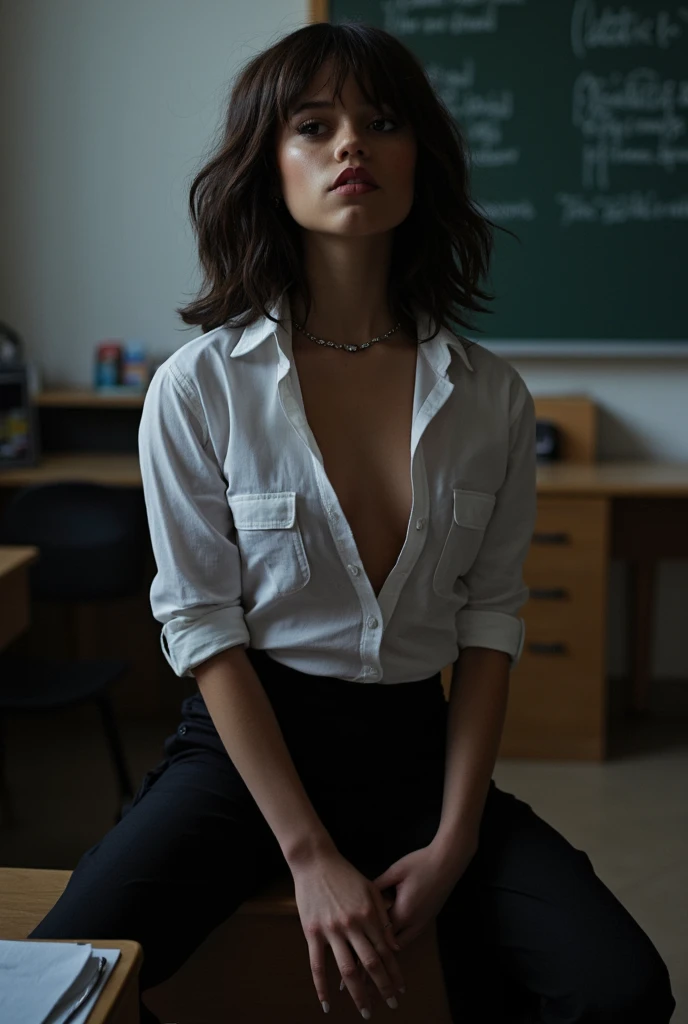 Best quality, masterpiece, ultra high res, (((white shirt, middle skirt))), RAW photo, (((Cathryn Lee))), (photorealistic:1.4), 1 female, detailed face, (narrow waist:1.2), (((small ???????, small bust))), (((in classroom, at night))), model posing, slender, (((beautiful slender teacher))), narrow waist,long shot, shirt, full body, 1 female, ((dazed face, hollow face, wet eyes)), (((30-year-old, chignon hair, unkempt hair, disheveled hair)))