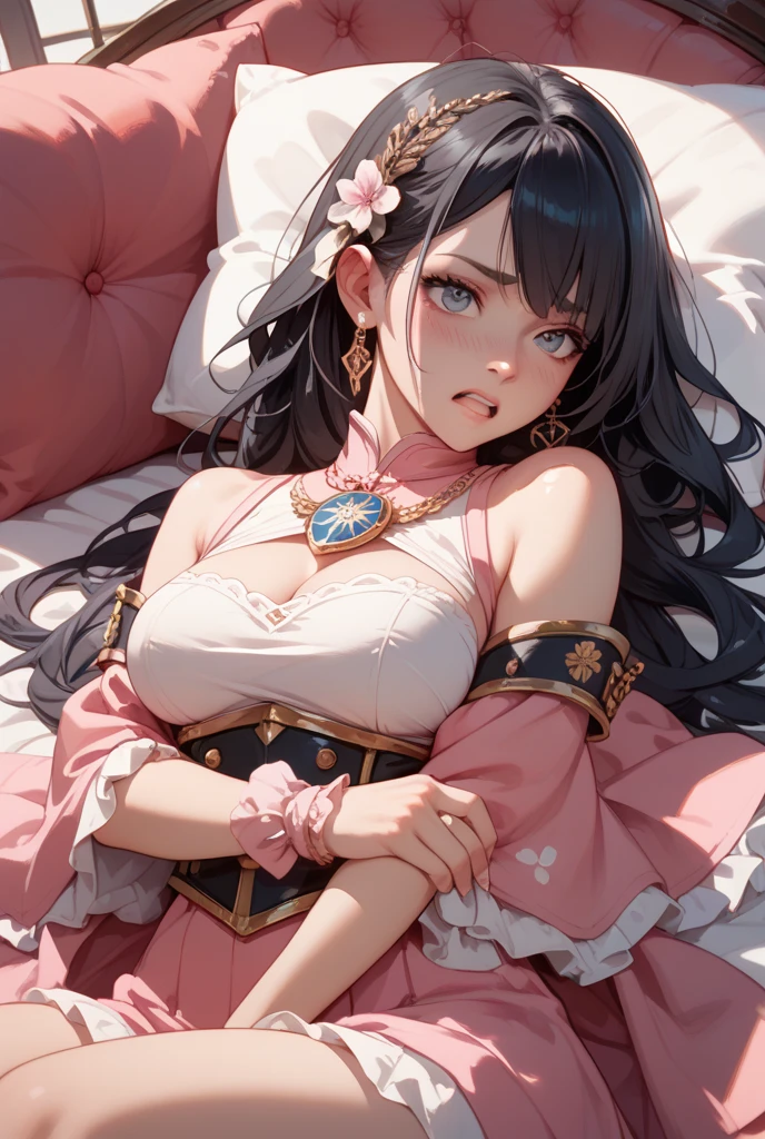 (巨作)), ((Best Quality)), (A highly detailed), ((kawaii)), cute, (lovely), ((A highly detailed)), 4k, (8k), Best Quality, (A beautiful), Full body, teenage, 独奏, ((gigantic breasts)), (((Sagging breasts))), fours,  ((curvy)), oikawa shizuku, from side, on the bed