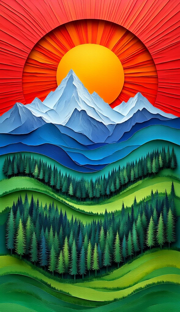 The background displays a background of a red backdrop rays of sun radiating pattern,  lush green forests, and a clear blue sky, many color of HYPERREALATICS art white mountain big sun  ,  grassy ground,  bright,  warm lighting,  glowing effect ,  traditional Indian art style,  ultra detailed,  beautiful,  peaceful,  divine,  spiritual, q 2 --s 750t,  fit image on screen