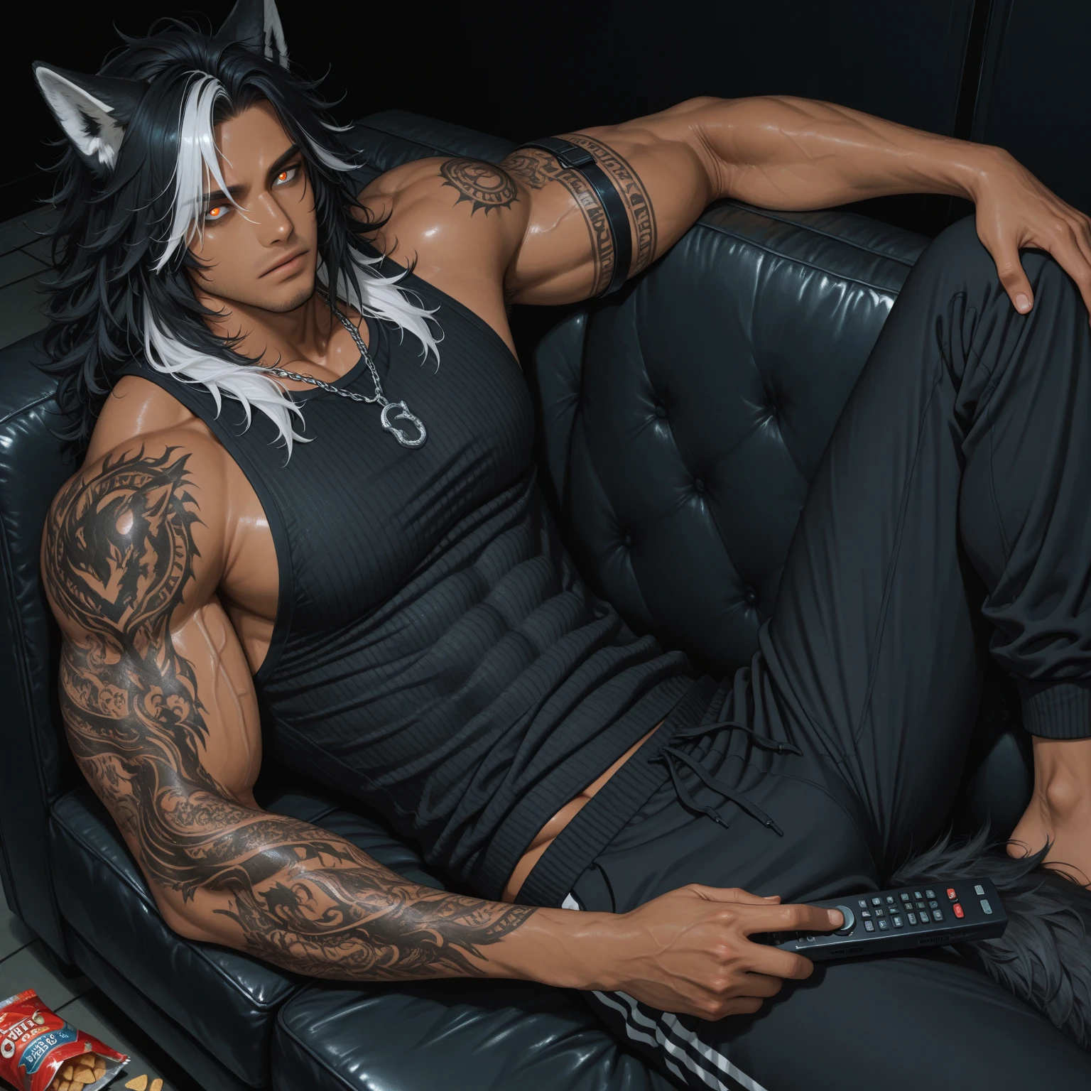 Protogen macho masculino musculoso (extremamente peludo) furry protogen sitting on the couch fiddling with his phone with a bucket of chicken thigh all over the dirty shirtless wearing only a denim jacket and extremely detailed jean shorts 4K shadow definition well done high definition HD