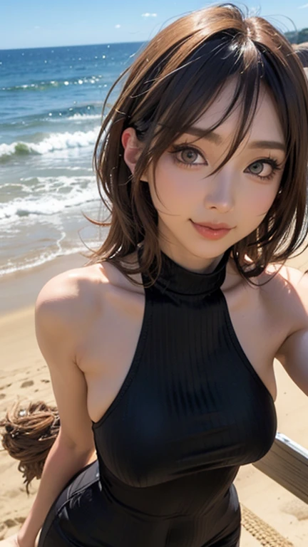 masterpiece, hinata\(boruto\), 1girl, mature women, (((dress swimsuit))), (((Selfie))), (((Close-up photo))), (((cleavage))), (((Closed Clothing))), (((big breasts))), (((big round breasts))), (((round breasts))), (((extremely heavy breasts))), (((Colossal tits))), (((heavy breasts))), (((plump breasts))), (((perfect breasts))), (((on the beach))), (shy face), detailed lips, beautiful face, blush, (pink lips), (((long hair))), white eyes, gentle gaze, smile, super realistic, detailed, realistic face and body, realistic hair, realistic eyes, realistic nose, realistic lips, seductive pose, (((straight bangs))), (dark blue hair), 28 year old girl