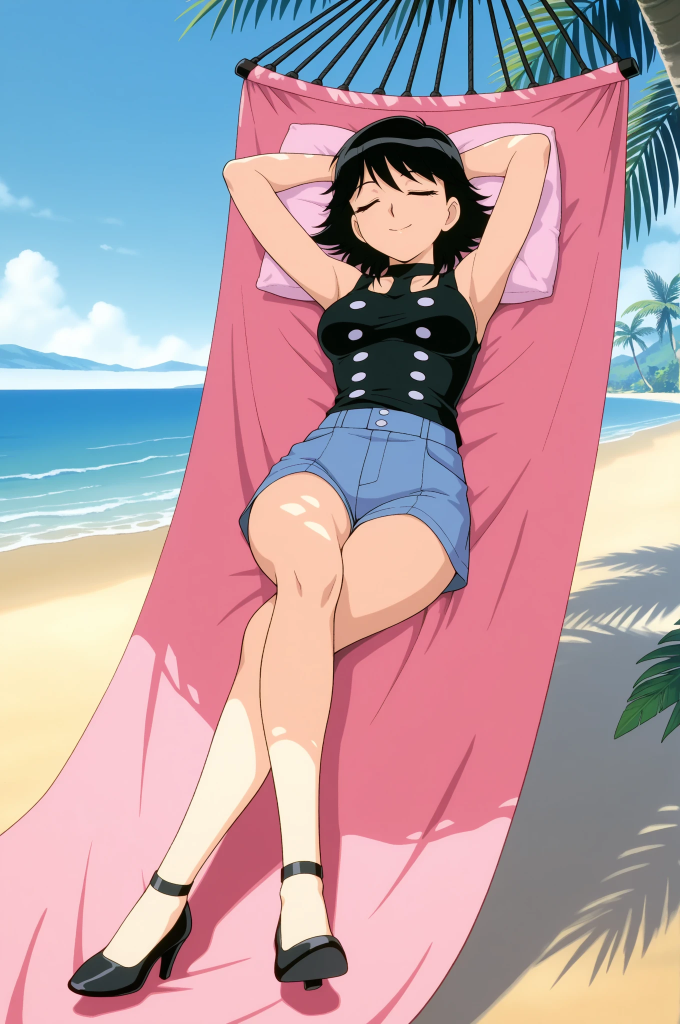 (((asakura minami:1.3))),((masterpiece)),((highest quality)),POV,super detailed,(thin entire outline),enlightenment,explicit,((1girl:1.3)),dutch angle,black hair,medium hair on shoulders,black eyes,small nose,perfect body,beautiful body,beautiful character design,perfect eyes,perfect face,(happy,smile,red cheeks,having fun:1.2),small open mouth,perspiration,wallpaper,ultra high resolution,8k,photo shoot,(beautiful large breast:1.2),beautiful legs,perfect feet,beautiful skin,fair skin,smooth skin,official style,official art,make a screen cap,outdoor,(summer beach),sunshine,bright lighting,white bikini,(((micro bikini,protruding nipples,camel toe:1.3))),((wide spread legs,peace sign:1.2)),(relaxing on beach chair:1.3),