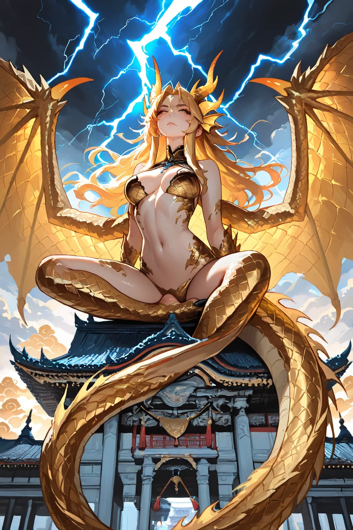 front of the camera, fullbody, dragon girl, golden hair, golden eyes, half-naked, scales, horns, adult, medium breasts, golden details, golden clothes