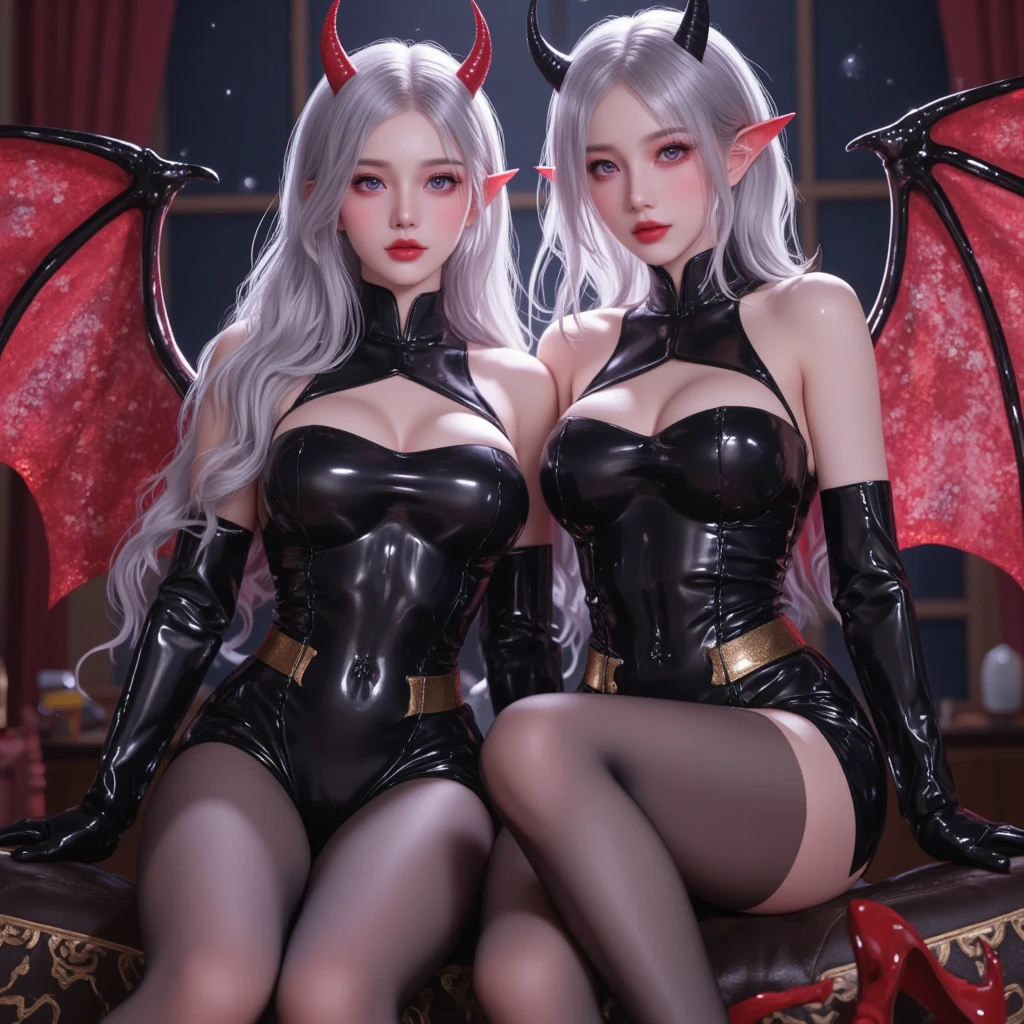 masterpiece, top-quality, top-quality, Beautifully Aesthetic:1.2, Two girls, Halloween night, Wearing a devil costume, high detailed, ((Red eyes:1.8)), large breasts, firm breast, nicely shaped breasts, slender figure,
((Gray hair)), wavy hair, (medium long hair:1.2),
in the Halloween party venue decorated for Halloween at late night, (Full body shot:1.1),
Standing in line with seductive pose that sticking out breasts,