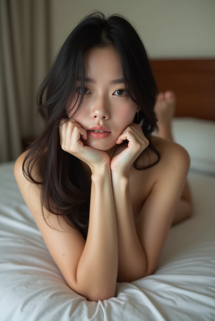 realistic photo, 27 year old indonesian woman, nude, lying on bed with legs spread, detailed face and body, natural lighting, high resolution, photorealistic, (best quality,8k,highres,masterpiece:1.2),ultra-detailed,(realistic,photorealistic,photo-realistic:1.37),realistic skin texture,detailed eyes and lips,beautiful detailed face,long eyelashes,smooth skin, wet skin, shiny skin, pale skin, wet dripping skin, after rain, slender body shape, ponytail hair, pale skin