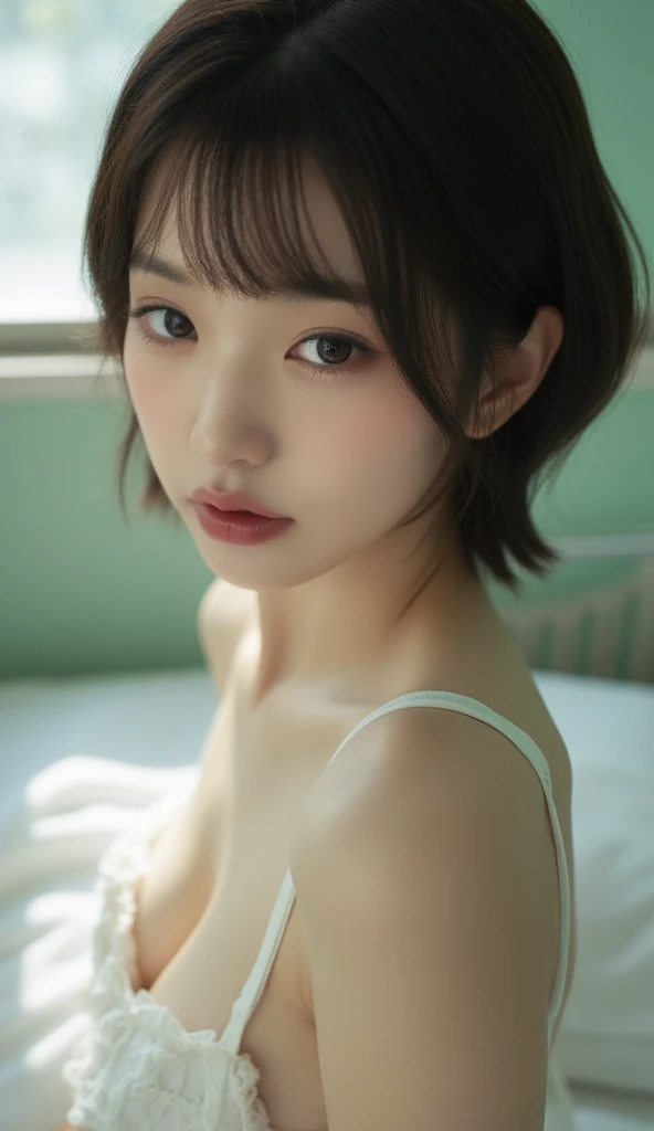 1young girl, kawaii, perfectly round eyes, straight short hair, pink lips, sexy face, charming, unique, individual, distinctive face, extremely detailed eye and face, fair skin, lace cute See-through bra, beautiful breasts, upper body, (Best Quality, highly detailed:1.2) High-definition raw color photos, professional photograpy, Realistic portrait, raw photo, lying on the bed, light coming in from the window, from above