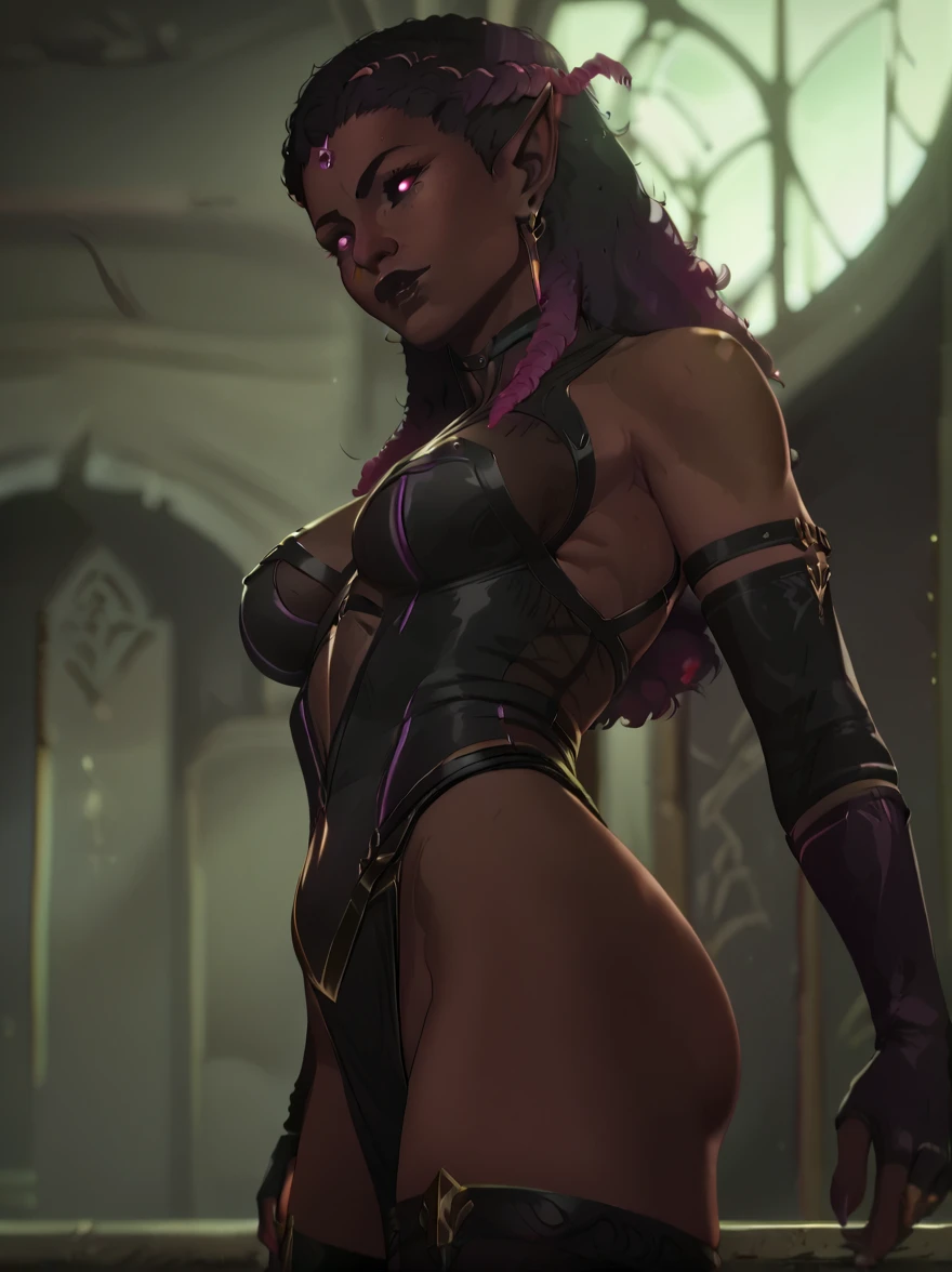 An (African-American) female, with dark (black dreadlocks), purple eyes, dark (brown skin), (pointed ears), (slutty assassin), (sexy) black armor (Bikini), (lust) demon, (Sci-fi) fantasy, (close-up shot), perfect composition, hyper-detailed, 8K, high quality, (perfect eyes), trending art, sharp focus, studio photo, intricate details, (Pin-up) pose