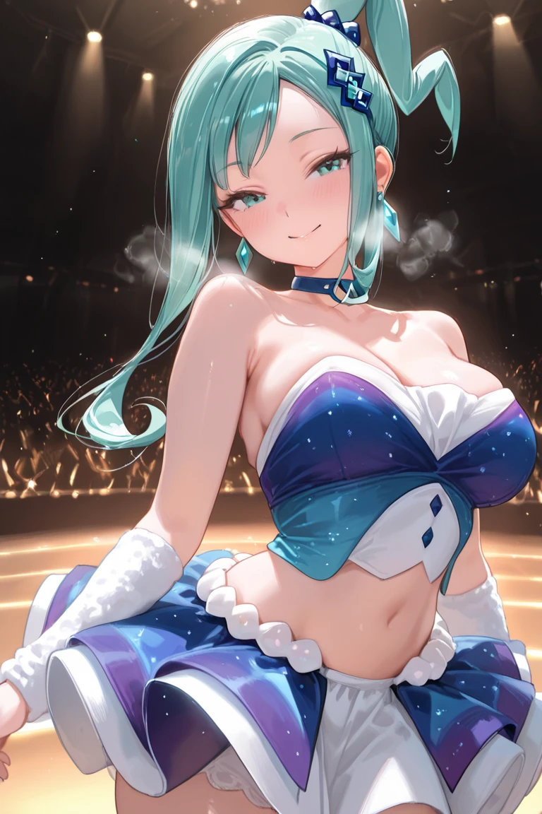 Anime Moe Art Style,Highest quality,High resolution,Anatomically correct,One Girl,Mid-teens,Girl with light blue hair in a ponytail,Very detailed,Fantasy World,Big Breasts,Shiny skin,Beautiful Skin,A rich expression,A big smile,Circus,Stage Costumes,trapeze,Detailed drawn eyes,hair ornaments,8K