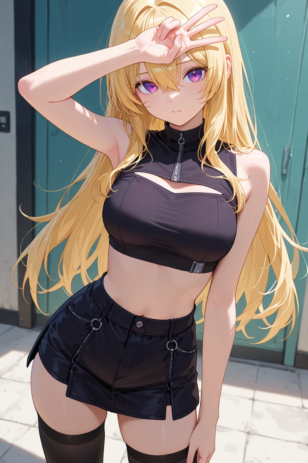 realisticlying、女の子 1 人、a blond、Longhaire、((Twin-tailed))、cowboy shot、radiant eyes、((Wet T-shirt)), pointed Nipple、((leather pant))、Taken from the front, ((Put your hands on your hips))
