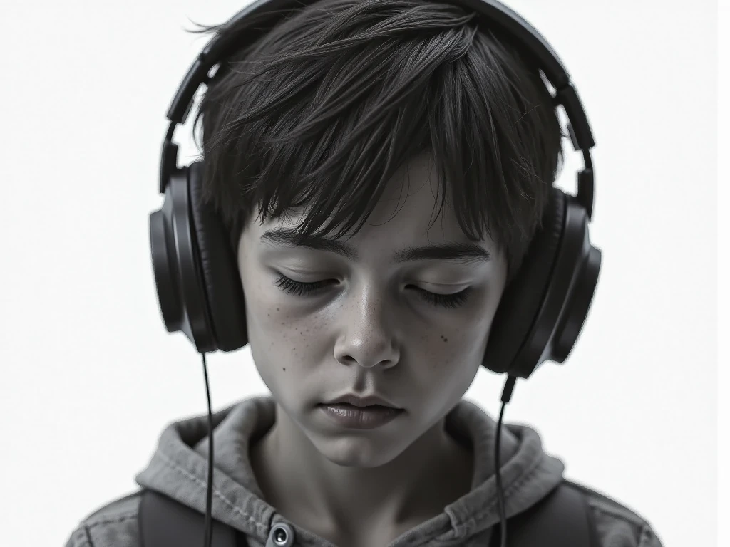 A boy alone in his room wearing headphones listening music facing the front camera, telling a story, night time ,dark room