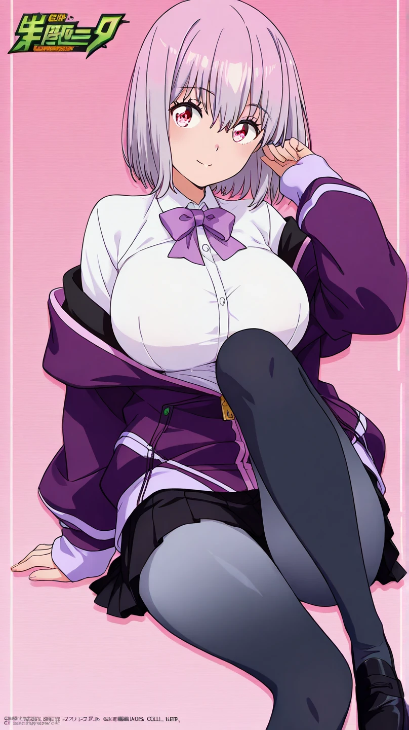 Ultra-detailed illustrations、Ultra-precise expression、masterpiece、Highest quality、ultra High resolution、High resolution、Hiromitsu Takeda Style、White background、Simple Background、One girl、solo、Mash Kyrielight、light purple hair,short hair,hair over one eyes、Black sleeveless dress, White collar、Red tie、Black Pantyhose、Purple panties、Brown short boots、Purple eyes、Vulgar expression、smile、Open your mouth、blush、Large Breasts、Big Breasts、Erect nipples、Choker of Hearts、White Breath、Sweat、Glowing Skin、shiny skin、Front angle、View your viewers、