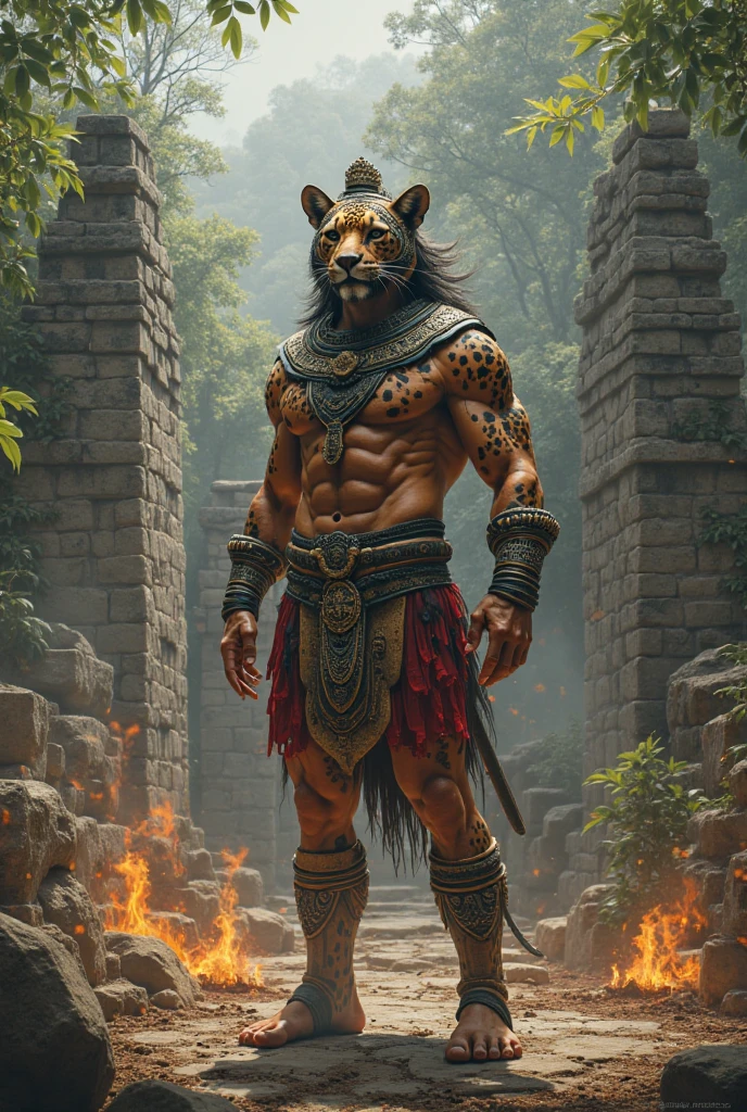 Generates an Aztec Jaguar Warrior with a bag of winged cement next to him 