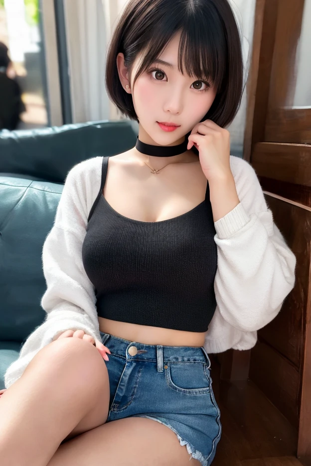 (High resolution、8k:1.3)、masterpiece、(Ultra-realistic as a photo:1.3)、Very nice finish、Sharp focus, 超High resolutionの顔、highest quality、The face is in focus、Ultra high definition and beautiful eyes、Eyes are symmetrical、High quality and beautiful skin、Firm Skin、Japanese Girls, Slender、very cute、17 years old、(Off the shoulder、Pleated skirt、Umini skirt), Sitting、Natural Makeup, (blush:1.3), (Embarrassing:1.3)、(View your viewers:1.3)，short hair, messy hair
