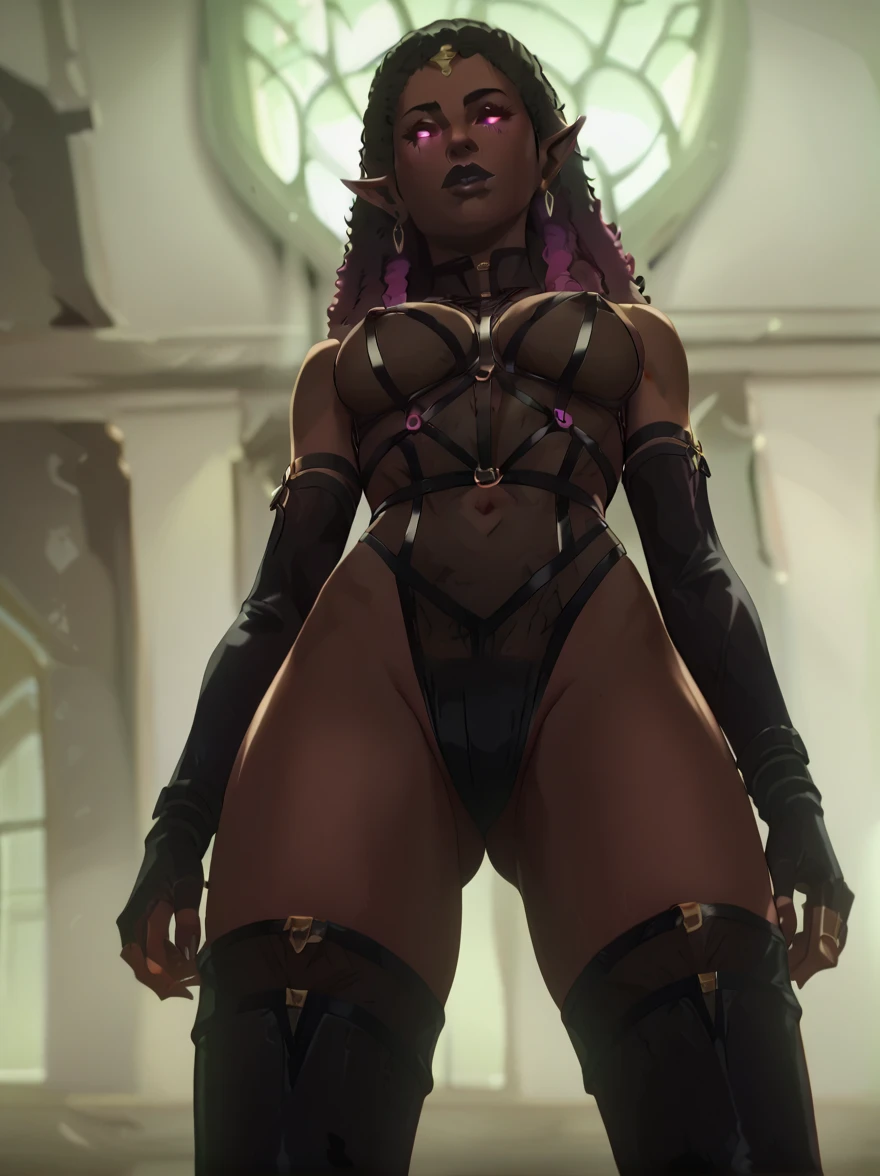 (Concept Art) of an (African-American) female, with dark black (dreadlocks), purple eyes, (dark brown skin), (pointed ears), (slutty assassin), (fishnet) sexy sith robes, (lust) demon, (big butt) close-up shot, perfect composition, hyper-detailed, 8K, high quality, (perfect eyes), trending art, sharp focus, studio photo, intricate details, (booty) pose