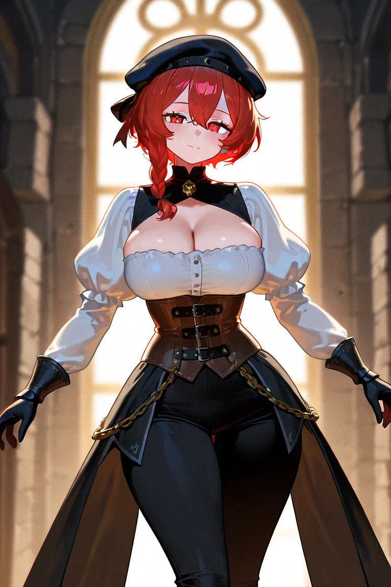 (masterpiece, best quality:1.2), extremely detailed, detailed hair, intricate details, finely detailed, [[soft lighting, volumetric lighting]], 1girl, (solo), looking at viewer, mature female, upper body, arms behind back , lying, on back , thick thighs, wide hips, medium breasts, pinstripe pattern, (bdsm, maid apron , harness , boots,sleeves) , (alternate hairstyle , bob cut , red hair ,colored inner hair ,), surprised , sweat,, freckles,blush , , (Time-Travel Scenarios Alpine Flower), <lora:JLullabyV2LOL:1>