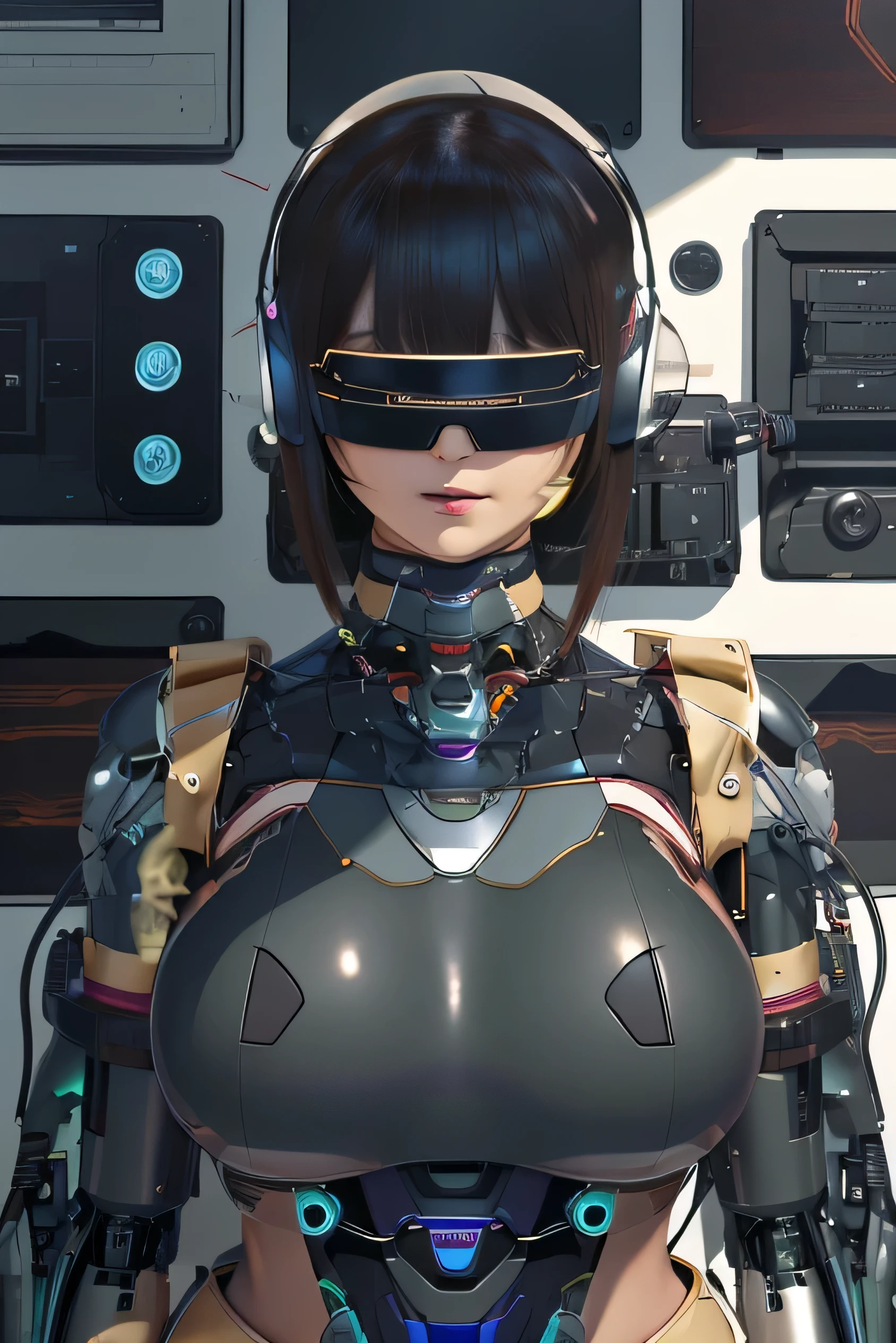 masterpiece, best quality, extremely detailed,front view,Japaese android milf,forehead,chubby,long hair,sleeveless costume,control panels,android,Droid,Mechanical Hand, blouse,Blunt bangs,long tube,thick cable connected her neck,robot torso