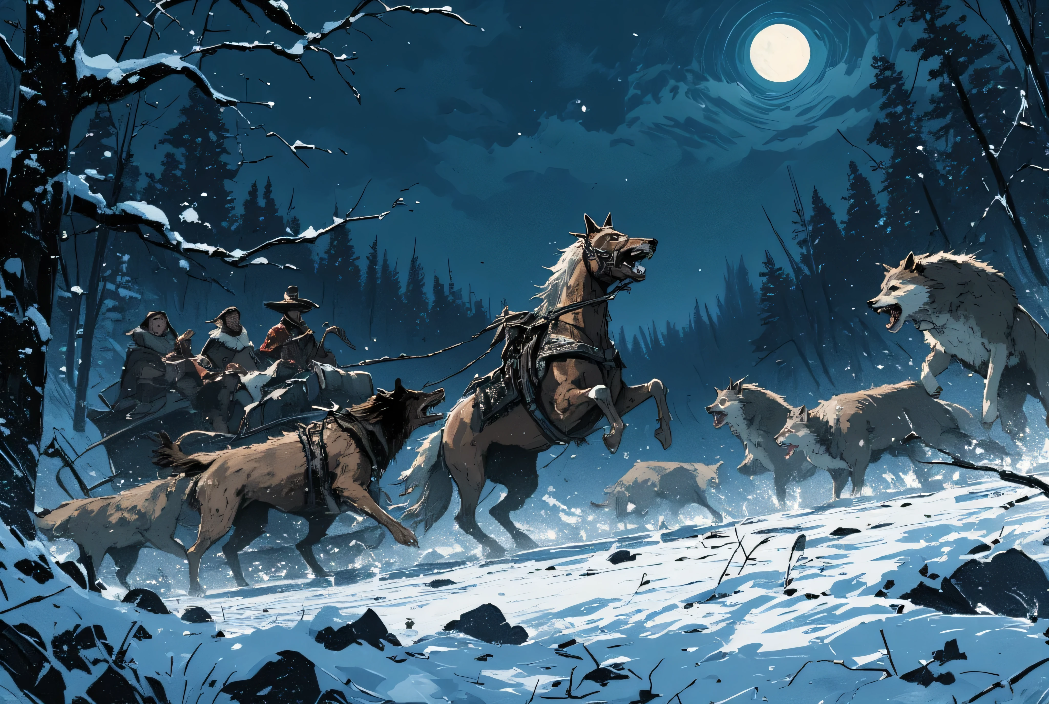 In the snows of deepest Russia, in the depths of a dark forest, 200 years ago, on a cold winter's night, a skinny mongrel dog stands between a sleigh and a pack of wolves which has surrounded it. In the sleigh are two pretty Russian girls, their mother, and the mustachioed old Russian soldier who drives the sleigh, all of them wrapped in furs and fur hats. Drawing the sleigh is a fine horse attached to the sleigh which is rearing in fright and confusion, its path blocked. The pack of angry vicious wolves is facing the sleigh in confrontation, threatening attack, slavering and hungry. The faithful dog guarding the sled and opposing them is badly outmatched and knows it, but he bares his teeth and snarls fierce defiance at the wolf pack. He will make them pay before he goes down.