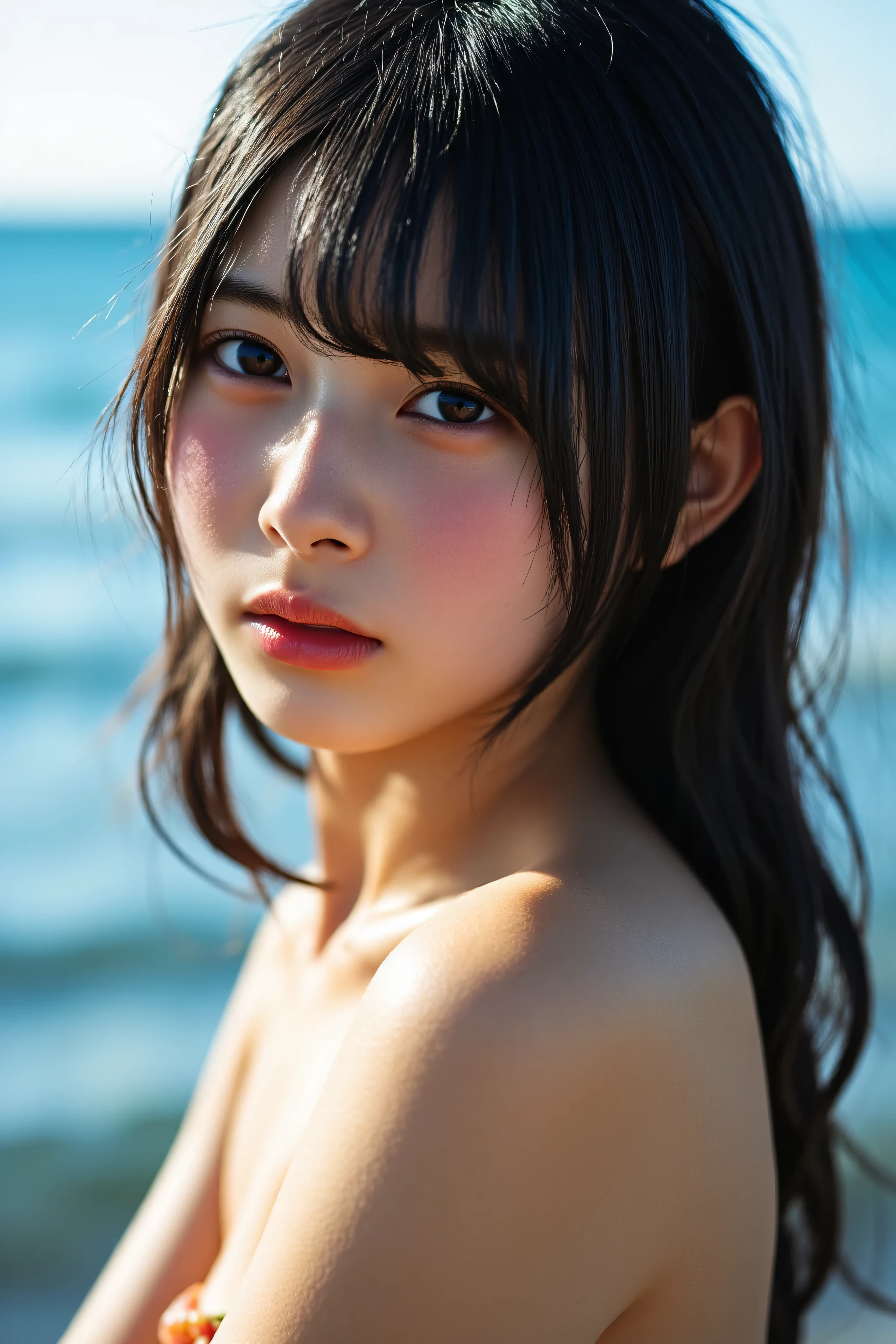 (masterpiece, best quality, beautiful girl, pretty face:1.5), (upper body, bangs:1.2), small waist, (simple background:1.4), beach, (horizon, beautiful sea, sky, sunny day:1.2), bikini, facelight, 8k, official art, raw photo, incredibly absurdres, depth of field, looking at viewer, ultra realistic, highres, photography, film grain, chromatic aberration, sharp focus, bokeh background, dynamic lighting, highest detailed, extreme detailed, ultra detailed, finely detail, extremely detailed eyes and face