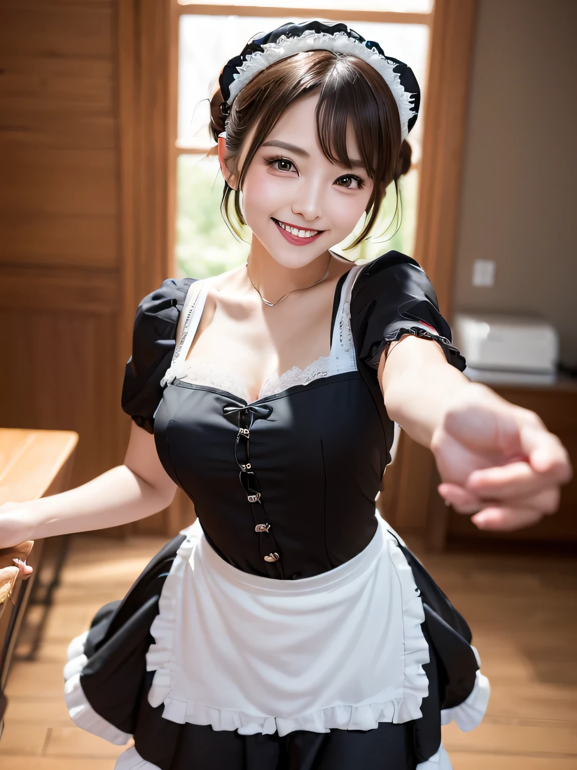 (Vision:1.4)，(Wide Angle:1.3)，((1 beautiful maid, Black and white maid, Maid dress with ruffles, The background is the VIP room, Hearty dining table, Elegant standing maid)), Emphasize body lines, The biggest smile staring at the camera, Looking at the camera, Perfect smile, Staring at the camera with a bright smile, High-resolution RAW color photography, Professional photography, Extremely exquisite and beautiful, Extremely detailed, Fine details, Very large file size, Top quality, 8K, Photos taken with a SLR camera