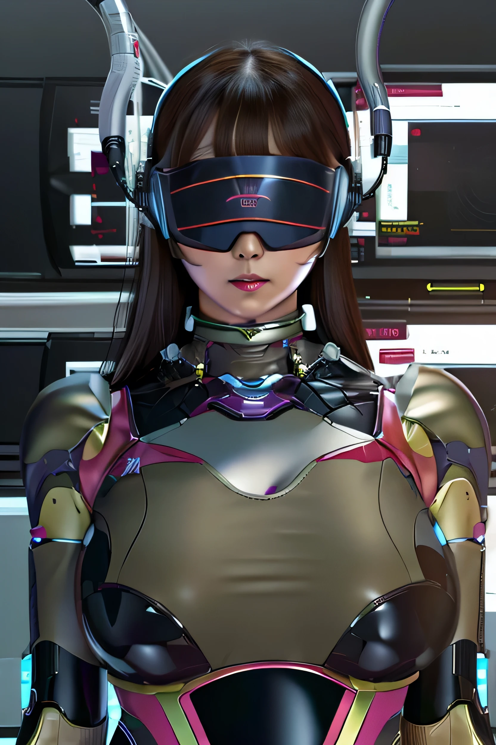 masterpiece, best quality, extremely detailed,front view,Japaese android milf,forehead,chubby,long hair,sleeveless costume,control panels,android,Droid,Mechanical Hand, blouse,Blunt bangs,long tube,thick cable connected her neck,robot torso