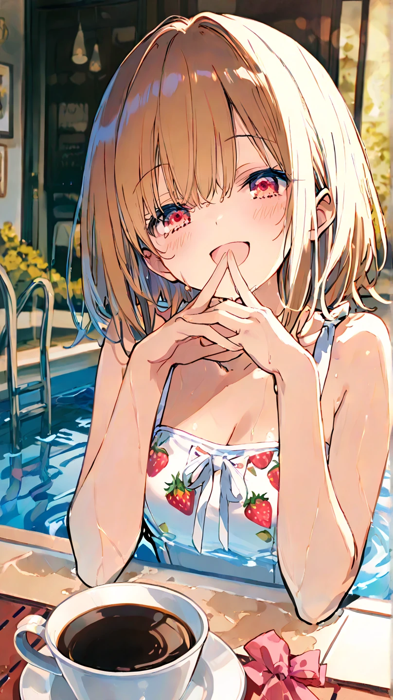 A very cute girl, ((Simple Earrings、Manicure、Sexy Swimwear、bikini))、(Golden hair color、Red pink inner color hairstyle), Beautiful Hair, Facial Contour, Remember, Pool, sunlight、splash, Lens flare,, Natural Color, High resolution, Very delicate, Very detailed, 8k,、(Shyness),((Sexual))、(Sexualな画角)