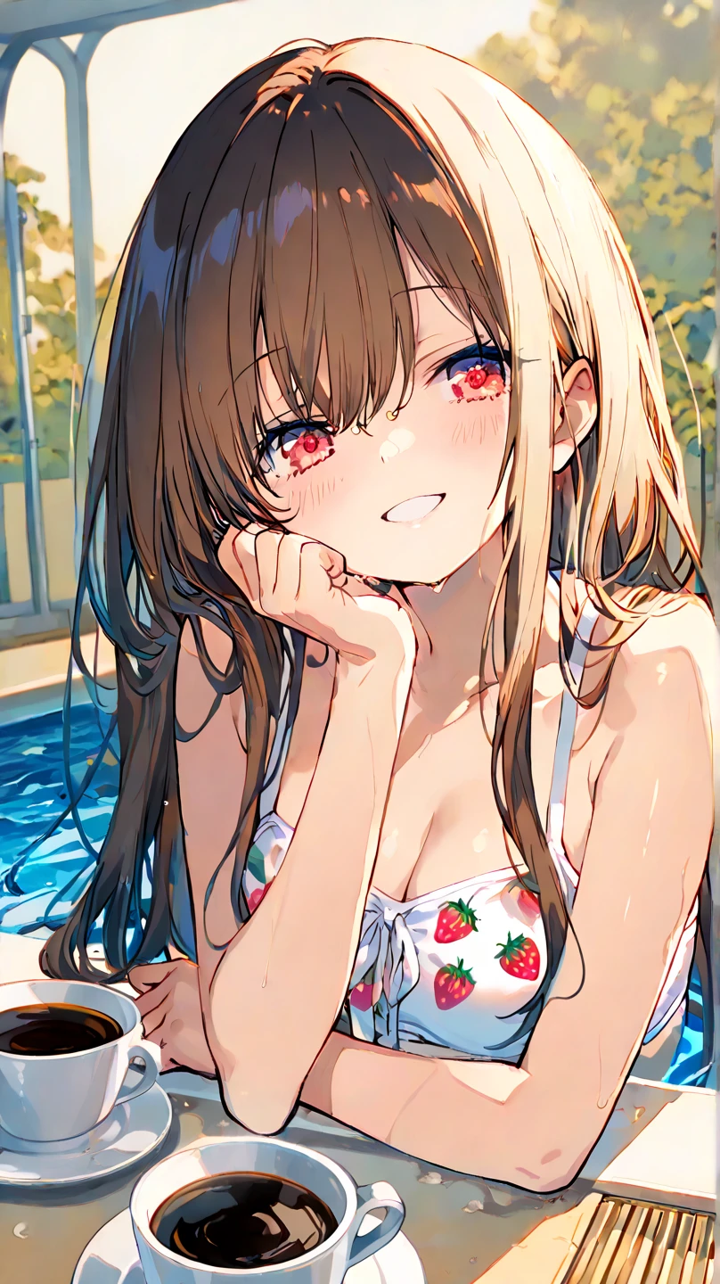 1girl, (Top view)、((On the balcony)), show off her breasts, (Blonde), (shiny skin:1.3)、Glowing pink Eyes, ((evil grin)), (), Black Hair、Cap, pink rip, ((((A pop long sleeveless one-piece dress)), No bra、sunglasses、((Panties with horizontal stripes)), (small breasts), (jewelry))), (((close up foot))), barefoot、She lifts her skirt to show her panties and make the man masturbate、(A man masturbates while lying down in front of a girl)、1boy, penis, penis under hand, (the boy is masturbation under the girl), eject cum:1.5、