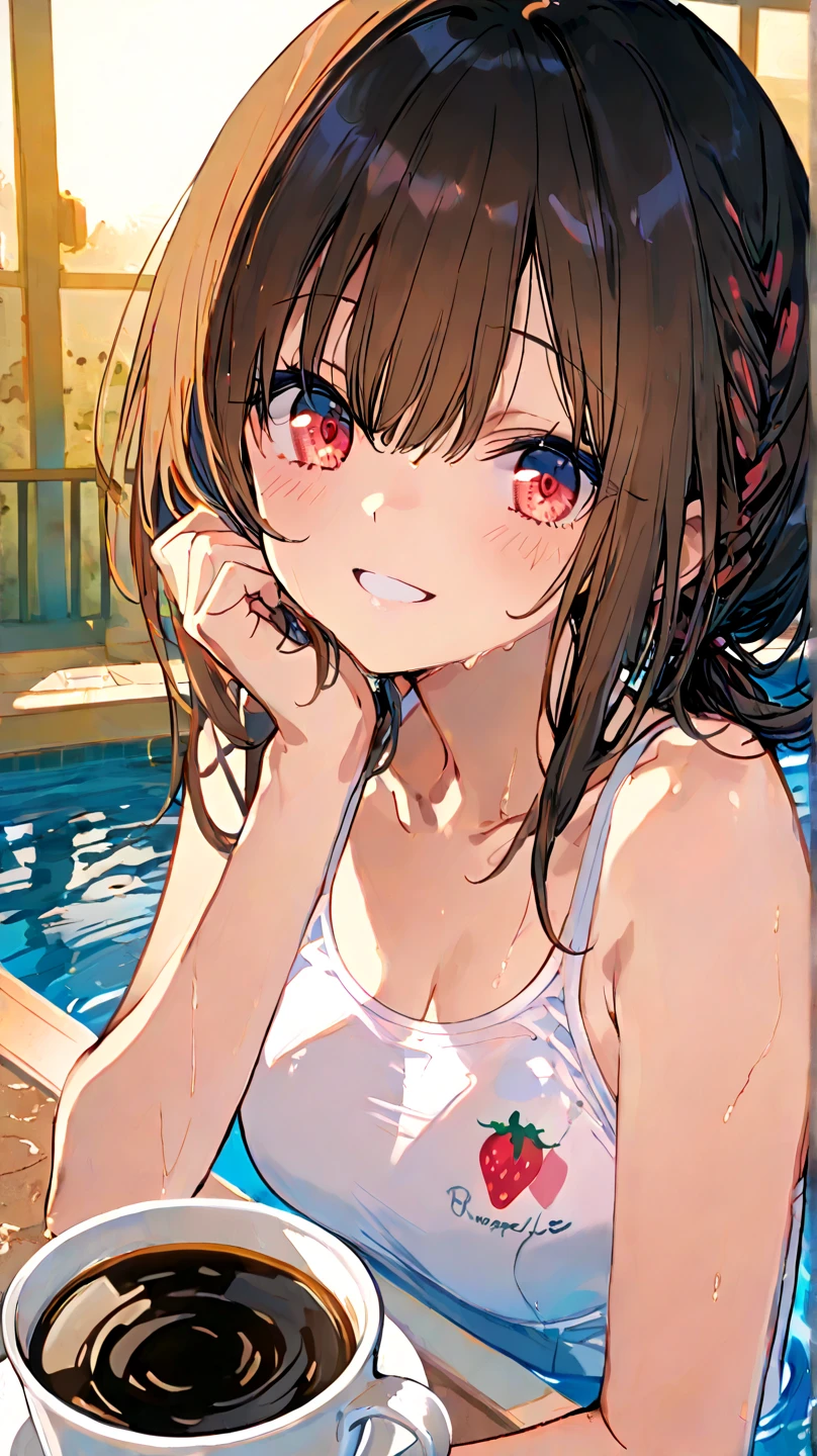 Wavy brown hair、ponytail、Red eyes、Beautiful girl alone、bikini、gravure、Sit on、Rose Garden,Small breasts