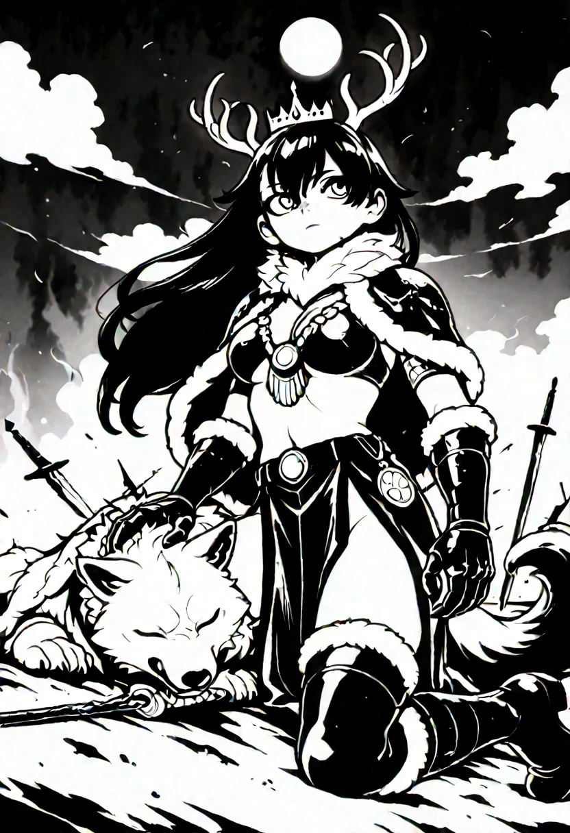 ((best quality)), ((highly detailed)), masterpiece, ((official art)), (detailed eyes, deep eyes), (1girl), cowboy shot, <lora:aiomonstergirls_loraLocon:.9>, (hellhound), colored skin, charcoal black colored skin:1.33, wolf ears, black fur, black hair, flame eyes, orange eyes, ((glowing eyes)), dog collar, chain leash, chains, monster girl, <lora:amano_yoshitaka:1.25>, amano yoshitaka, illustration, traditional media