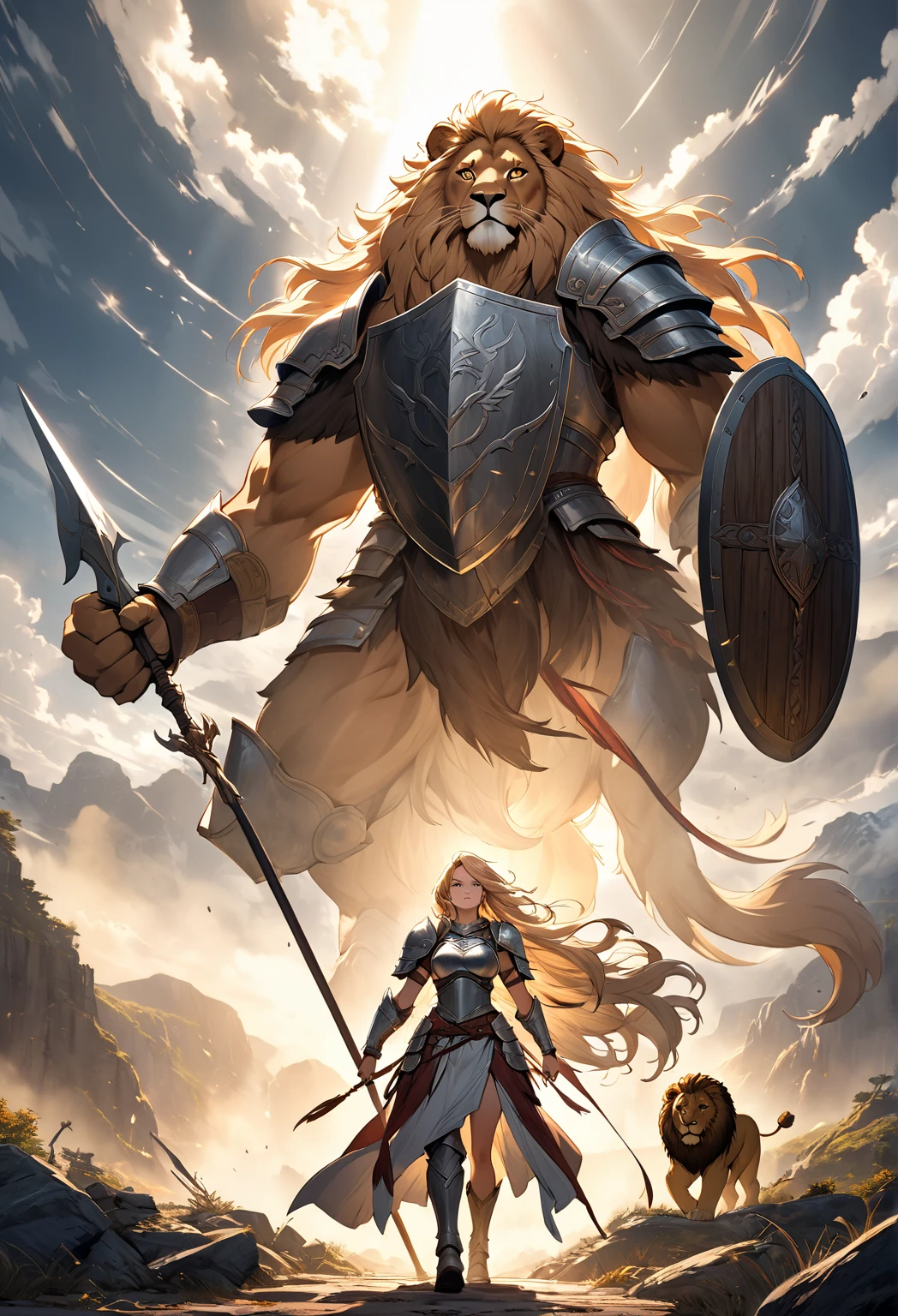 A powerful lady walking through a wild, rugged landscape. she wears weathered  armor, and his long, flowing hair blows dramatically in the wind, showcasing strength and intensity. In his right hand, she holds a long, gleaming spear; in his left, a battered wooden and iron shield scarred by battle. At his side walks a massive lion with a majestic mane, both moving in sync as if they are warrior companions. The sky above is partly cloudy with rays of sunlight piercing through, creating an epic and ancient atmosphere. Cinematic concept art style, dramatic lighting, detailed wilderness background.
