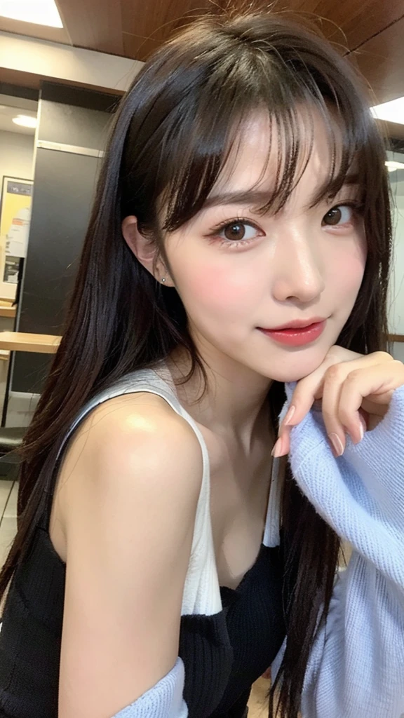 one person、Smiling while shopping、Wearing makeup、fun、17 years old、whole body、slender、woman、White drool coming out of the mouth、Short hair, fair skin,ponytail、Super cute、Soft and Face、Brown Hair、8k resolution、Surreal、Ultra high definition、 Soft Body Tight Ass Night、A-cup small breasts((Highest resolution、8k、masterpiece:1.3))、Ultra-fine face、Ultra Fine Lips、Beautiful Eyes、double eyelid,Girls' High 、Navy blue lender body type、I can see your thighs、Shapely small breasts、