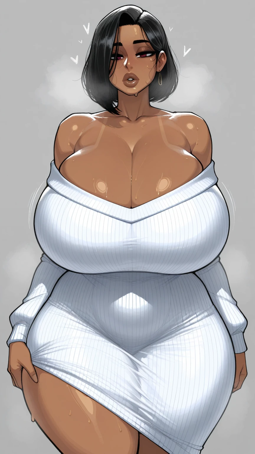 plus size model, jewelry, thick thighs, wide hips, black lips, mom short black hair, gigantic breast, milf, yellow eyes, black dark background, mature,black fingernails, mother, enormous breasts, tomboy, ebony skin,glasses, muscular, abs,clothes, shorts, white top,folding arms