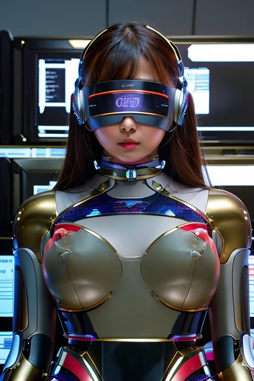 ((best quality)), ((masterpiece)), (detailed), (((perfect face))), 8k, (((hot cyborg robot human curvy asian girl))), (((there is a cyberpunk night city in the background))), ((sexy red latex lingerie)), (((detailed face))), perfect body, ((good anatomy)), (((big tits))), ((blonde long hair))), (((her eyes are covered by a black carbon VR Gaming Headset))), (makeup)