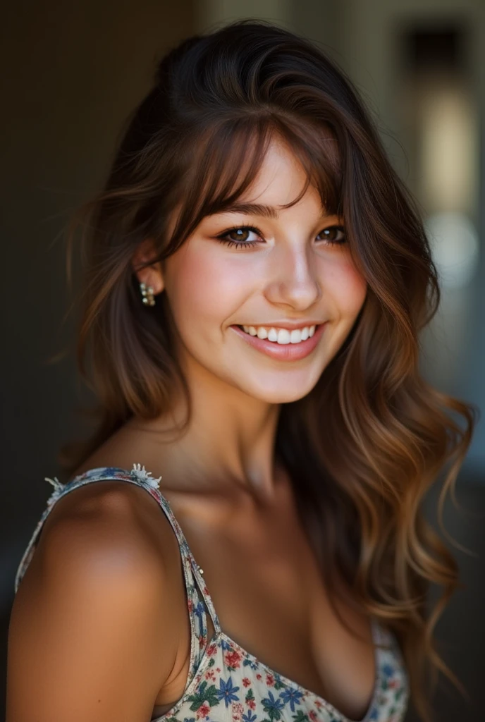 Captured from an exquisite angle, the woman clad in her radiant outfit, accessorized with sparkling jewelry and captivating earrings, stands resplendently atop the breathtaking Pierson overlook, her long, wavy brown hair cascading down, revealing her charming smile as she gazes intensely into the camera with her warm, alluring eyes, parting her lips ever so slightly to reveal a subtle glimmer of delight. pierson <lora:znxvsx18e96dd7726m59d:1>