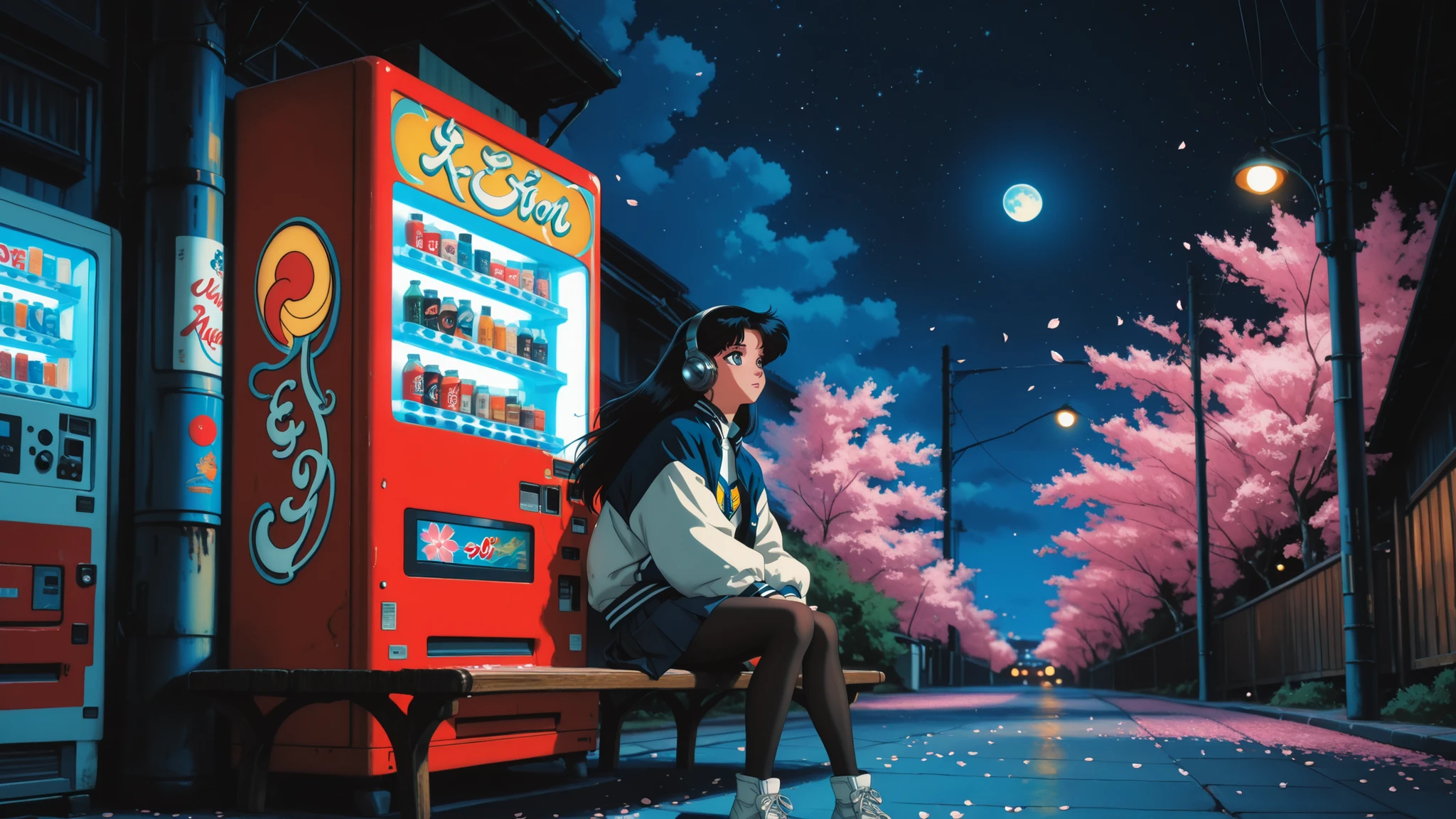 high quality, masterpiece, ultra detailed photograph, anime girl sitting on wooden bench, retro style 90's, big, bright eyes looking at the night sky, vintage silver headphones connected to yellow walkman, oversized varsity jacket navy blue and white with moon patch on the chest, short pleated skirt, knee-length black tights, long black hair with blue reflections rocking in the breeze, cherry trees in full bloom illuminated by traditional Japanese streetlights, sakura petals falling softly around, retro vending machine with neon light bright emitting a warm glow, drink cans with vintage designs, Starry night with full moon, serene and nostalgic atmosphere, mixed lighting between streetlights and moonlight, style similar to Sailor Moon and Kimagure Orange Road, classic cel animation texture, centered composition, soft depth of field