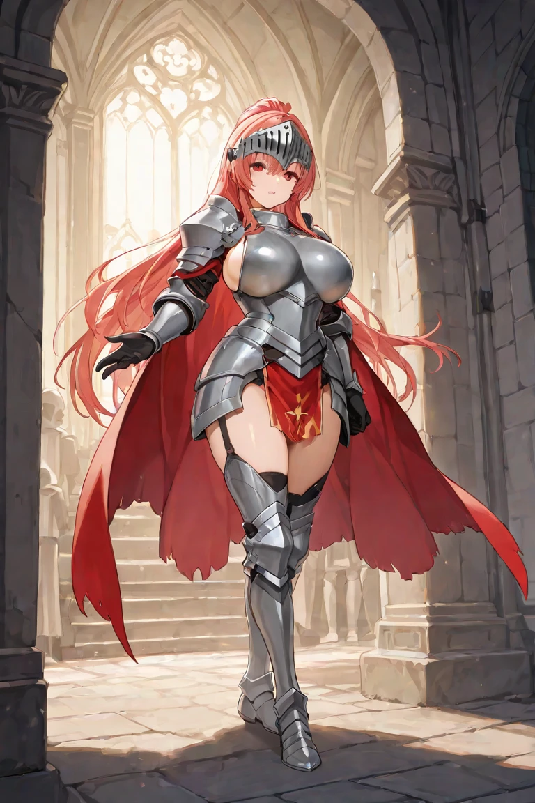 Masterpiece, best quality, full hd 8k, highly detailed, picture perfect, solo, 1 woman, mature, medium breasts, golden eyes, long red hair, mischievous look, mischievous smile, sharp teeth, knight, squatting, legs apart , full body, revealing clothing, micro bikini armor, nude armor, plush cape, excessive female pubic hair, hairy pussi, oppen pusy, pussy pressentig, female masturbation, fingering pussy, shoulder armor, shoulder pads, armor heel boots, sabaton, greave, poleyn, tasset, lame, bracers, gauntlet, couter, rerebrace, dor background, nfsw