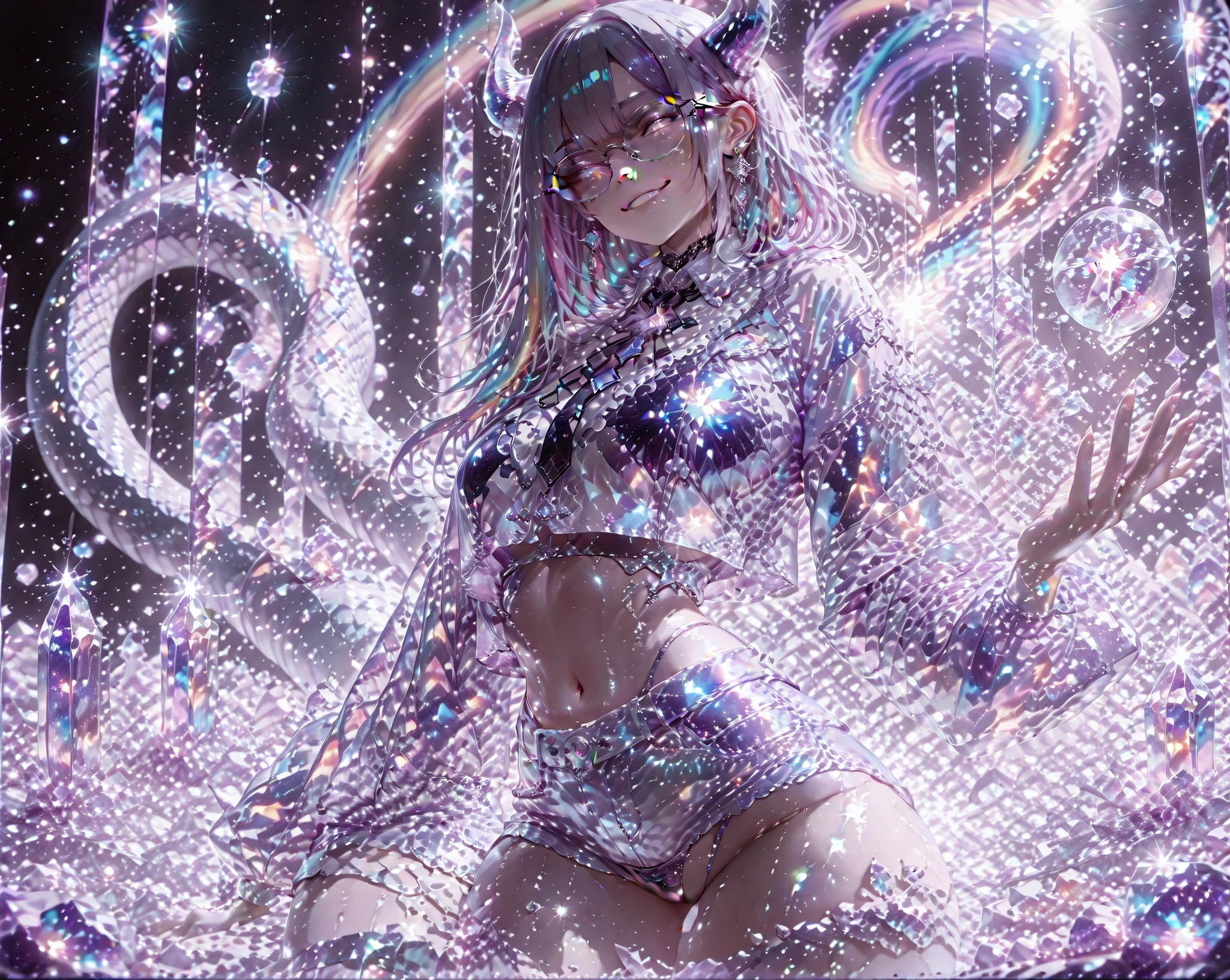 (best quality, masterpiece, absurdres, highres, ultra-detailed, extremely detailed, 32k, cinematic scene, detailed background), (full body:1.2), 1 girl, solo, perfect face, (platinum silver hair:1.5), (airy bob cut:1.6), (bang between eyes:1.4), (glossy silver eyes:1.5, large eyes), large breasts, Draw the outline in white,Gentle colors,Translucent vinyl dress,bioluminescent dress,Fantasy,dream, black highheel, (red large cosage on her hair), large hall, play large grand piano, Looking up at the ceiling, open mouth, The spotlight is shining on the piano, white aura around girl