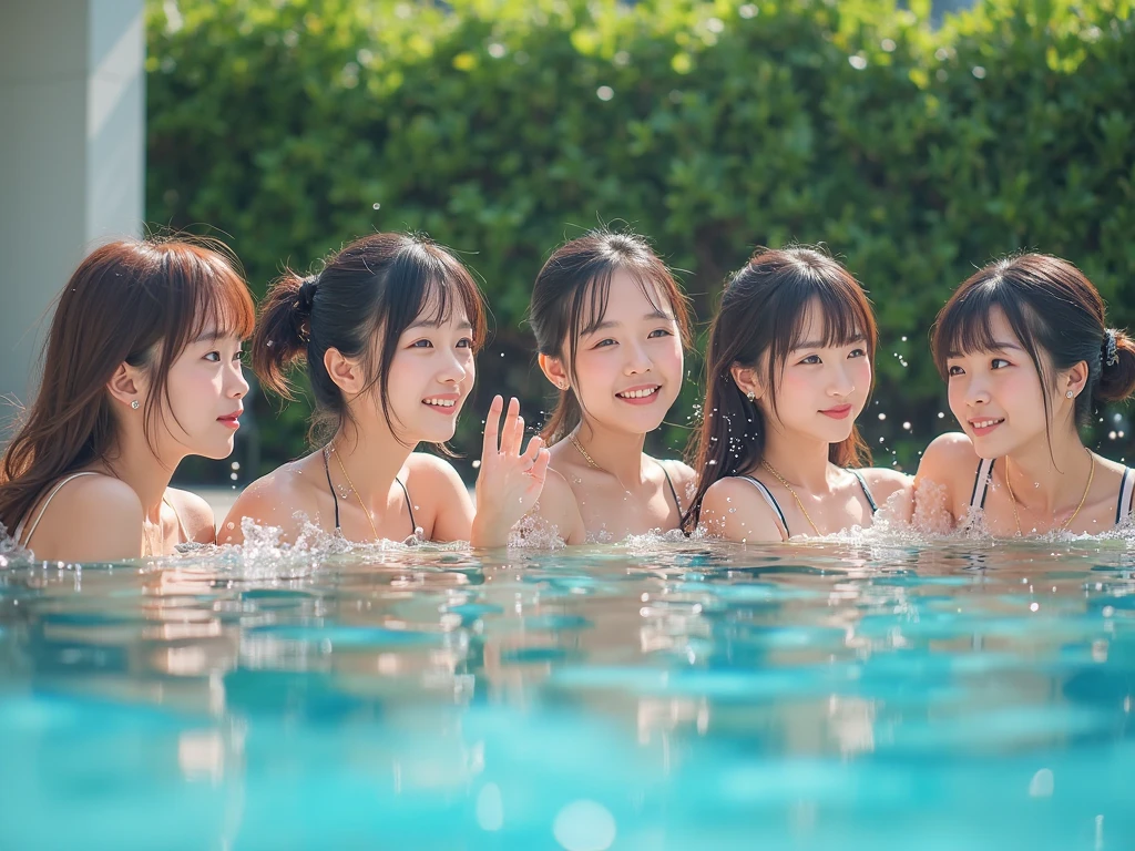 Raw photo、Ultra-realistic、Ultra detailed face、Detail lips、Detailed eyes、High school girls smiling and showing their teeth、Long Hair:1.1、chest、Visible curves、Laughing with your mouth open 、 Whole body、( Slender body)、(Long Hair)、((The five idols))、(pastel colour)、gold、18-year-old、Small face、Braid、 Swimming pools in Tokyo、Long beautiful legs 1.2、Curved waist、flower、High leg leotard、Wide forehead、((Full body latex))、