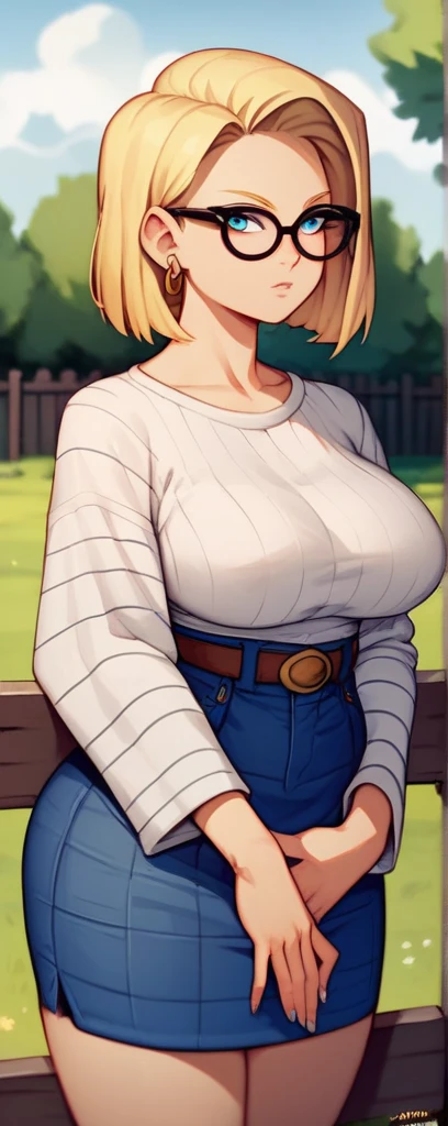 best quality, high-res, and18, 1girl, android 18, solo, blonde hair, blue eyes, belt, tight blue demin skirt, gold necklace, black shirt, short hair, long sleeves, striped sleeves, earrings, open vest, blue denim vest, massive breasts, cowboy shot, city park, straight-on, (weather: raining), sitting, full length pantyhose, battle ruins, very wide hips, torn clothes, sultry smile, very deep cleavage, massive wide round ass, chubby belly, sexy very curvy very chubby very motherly body, slight blushing, bedroom eyes,