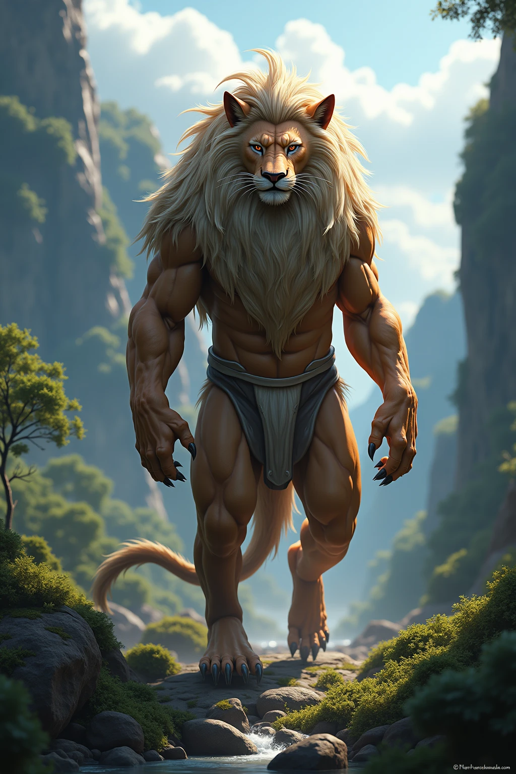 ultra-detailed, masterpiece, masterwork, high quality, best quality, hdr, (nature), nsfw, male, solo, lion, ((nude)), (little body lion), (long silver hair, yellow eyes), standing, dynamic angle, (micropenis, foreskin, perfect balls)