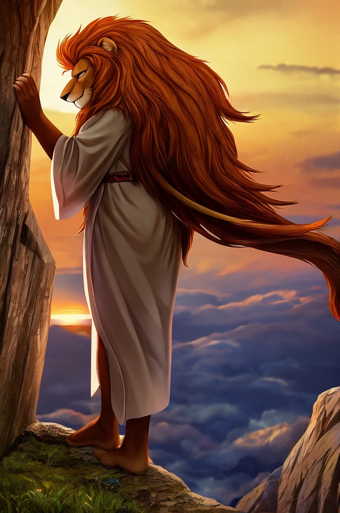 High Definition、high quality illustration、8k、16k、delicate depiction in the women's room、lion standing on the edge of a cliff with its mane fluttering in the wind、evening、The presence of a king、たてがみが風になびく
