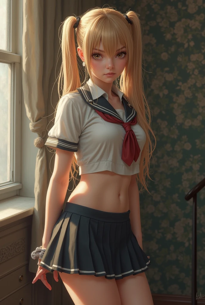 Young schoolgirl, sailor school uniform wet with blood, bloody matted hair, long blonde hair, wet sailor school uniforms, mini skirt, big bouncing breasts, crazy look in blue eyes, no bra, no panties, yandere, running from the police in the forest, night. Full moon, full body, Halloween night.