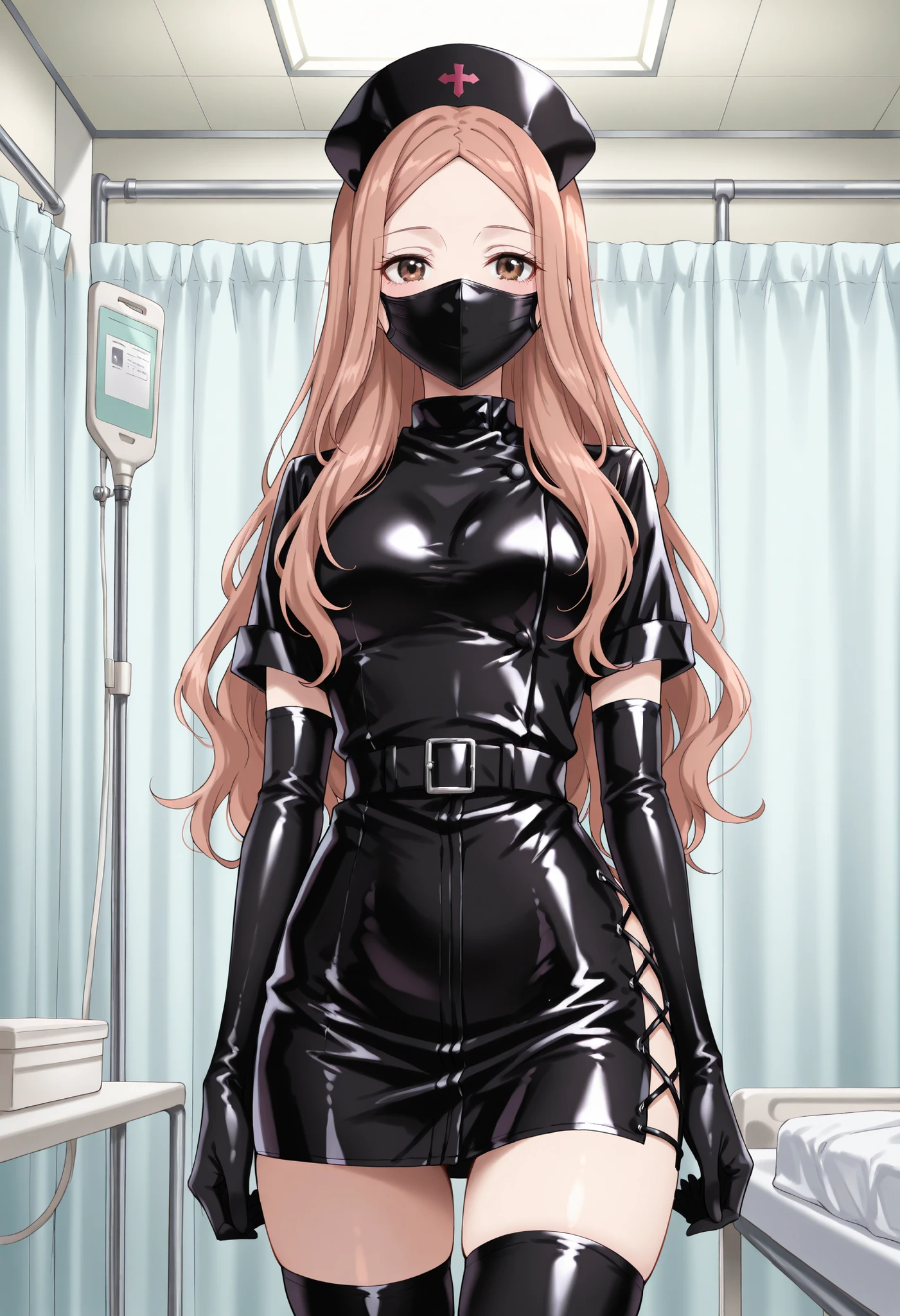 Score_9, score_8_up, score_7_up, source_anime, KJOrune, solo, peach hair, dark brown eyes, long hair, wavy hair, parted bangs, enamel leather dark nurse, latex dress, black latex elbow gloves, black latex legwear, latex, latex skirt, (best quality), (high quality), {masterpiece}, extremely delicate and beautiful, ultra-detailed, beautiful detailed eyes, nurse, nurse hat, ((black nurse's outfit)), surgery room, black rubbermask, mask, mouth mask, standing