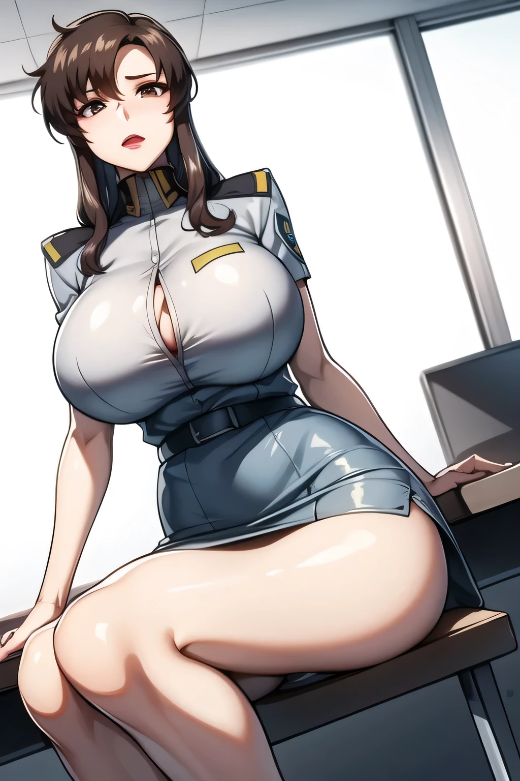(masterpiece), (best quality), (high res),1girl, tall body, beautiful detailed eyes, beautiful detailed face, cute face, perfect hands, complete fingers, perfect anatomy, perfect proportions, ((hat, dark blue police hat)), ((microskirt, matching microskirt)), ((boots, matching boots)), gigantic breasts, long stockings with garters, fingerless gloves, (full body portrait), looking at viewer, solo, solo focus, standing, police uniform, cowboy shot, space station backdrop, indoors, (belt, tight belt), (armbands, white sleeves), full body costume design.