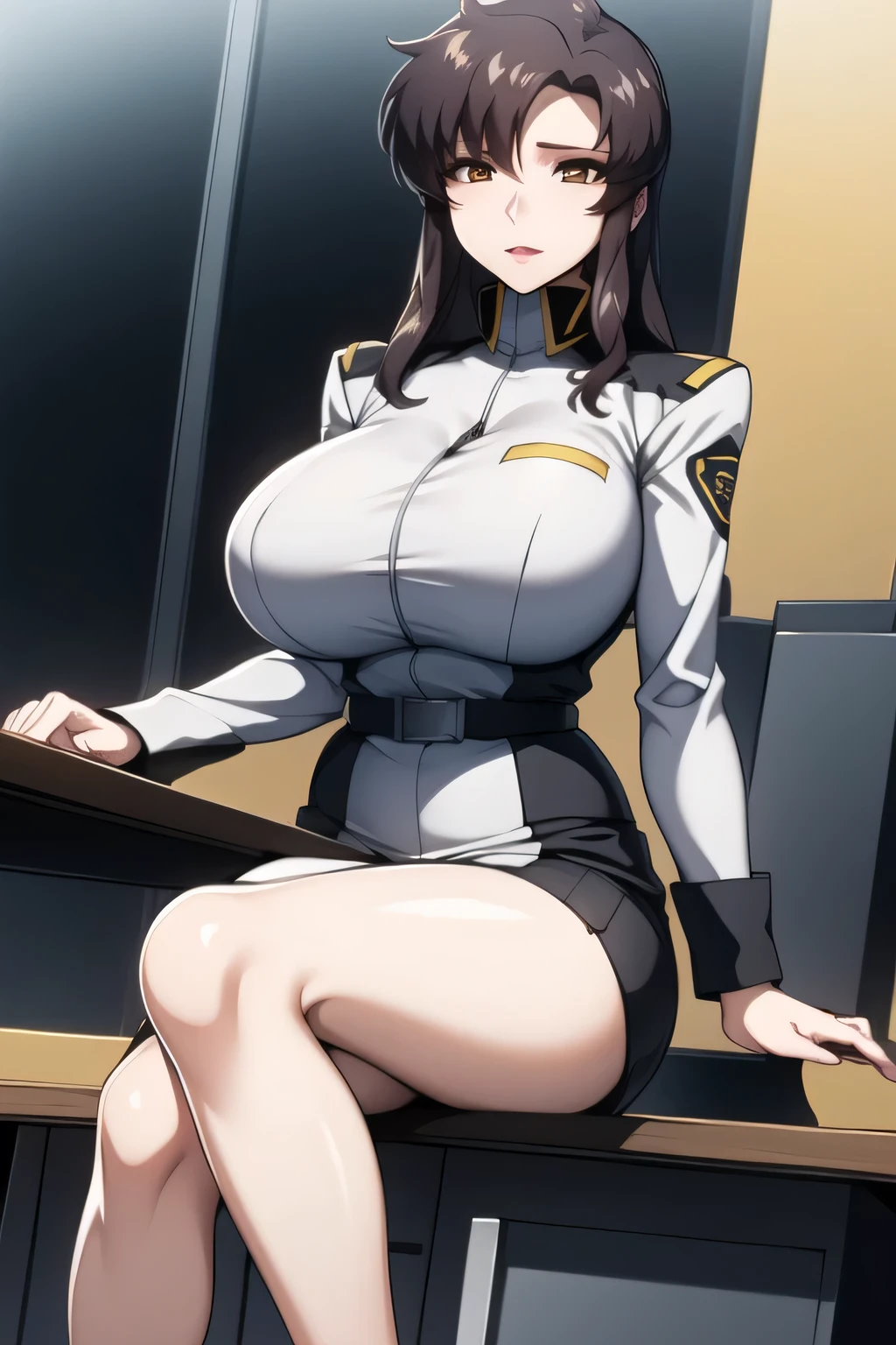10-year-old girl、Earth Federation Operator Girl Soldier、Black short hair、Large Breasts、Cute like an idol、Childish face and appearance、Operator intercom mounted on head、Accurately drawn faces、thin、健康的なKnee-lengthスカート風の地球連邦軍、Knee-length、Inside the bridge of a battleship、Low angle shot、Anatomically correct、Accurate Fingers、Accurate Rimbuster Piece、Photorealization