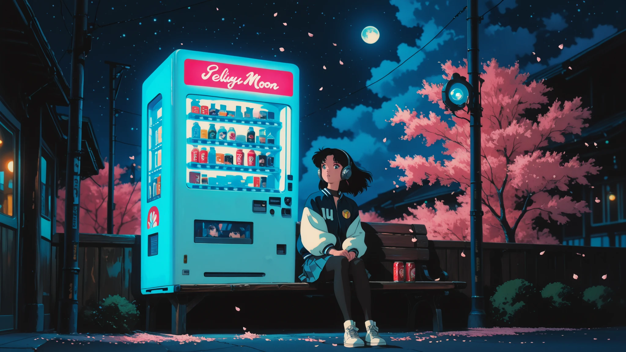 high quality, masterpiece, ultra detailed photograph, anime girl sitting on wooden bench, retro style 90's, big, bright eyes looking at the night sky, vintage silver headphones connected to yellow walkman, oversized varsity jacket navy blue and white with moon patch on the chest, short pleated skirt, knee-length black tights, long black hair with blue reflections rocking in the breeze, cherry trees in full bloom illuminated by traditional Japanese streetlights, sakura petals falling softly around, retro vending machine with neon light bright emitting a warm glow, drink cans with vintage designs, Starry night with full moon, serene and nostalgic atmosphere, mixed lighting between streetlights and moonlight, style similar to Sailor Moon and Kimagure Orange Road, classic cel animation texture, centered composition, soft depth of field