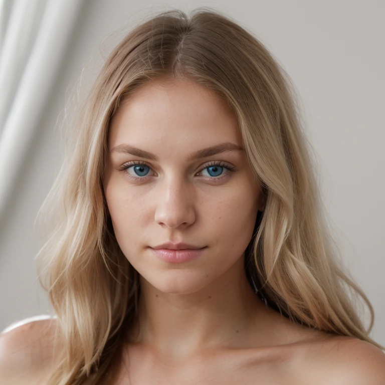 The face of a blonde woman with super-realistic light blue eyes, soft white skin, a beautiful and elegant woman, a face with aesthetic features and large, harmonious and moisturized lips, straight and moisturized hair, sensual features.