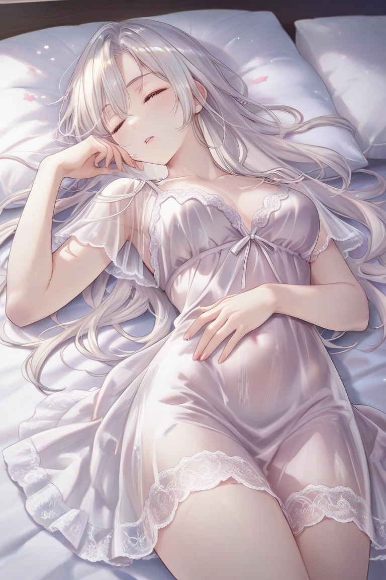 A woman with big ,Beauty,Silver long hair,transparent,(Super short)Nightdress,weak,bedroom,(nsfw:0.8),Lying down,