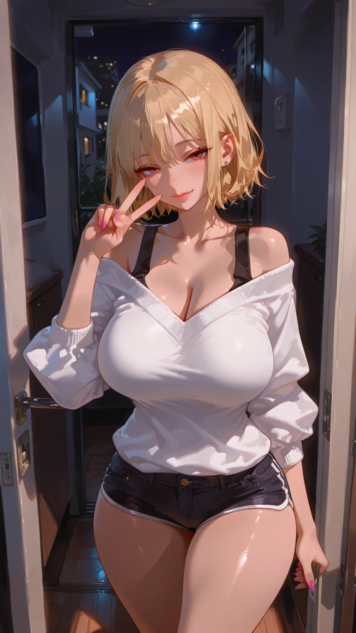 masterpiece, absurdres, best quality, ultra detailed, high Resolution, detailed illustration, bright colour, (extremely beautiful detailed face and eyes, Delicate beautiful face, 1 girl, cute face:1.3), (magenta eyes:1.1), sparkling eyes, big eyes, medium breasts, (perky breasts:1.1), (pointy breasts:1.1), medium hips, glamorous body, white skin, BREAK, long bob cut, (blonde hair:0.8), messy hair, detailed hair, shiny hair, BREAK (Cut and sewn, down blouse, skinny middle skirt:1.3), perfect lighting, (embarrassed:1.3), (ecstasy, vulgarity:1.5), (trembling:0.8), Luxury Office, ol,