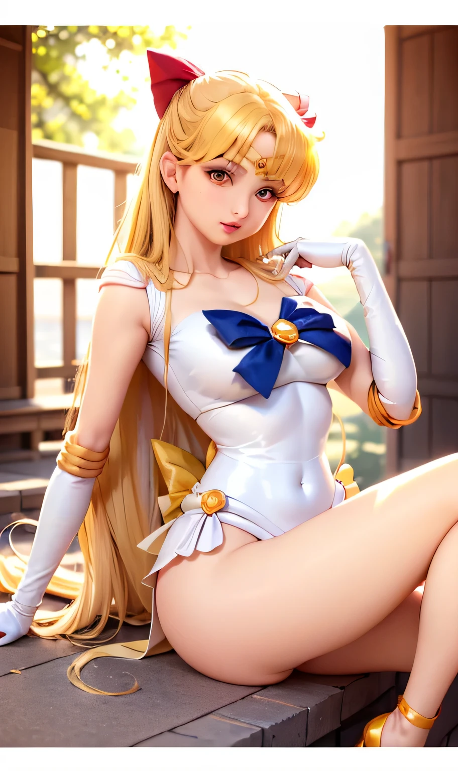 Sailor Moon, 35, is radiant in her iconic costume, striking a seductive pose that flaunts her huge, bra-less, covered breasts. Wearing a very short miniskirt and thigh high stocking with garter, high heel, the full-body shot, taken from below, shows her figure provocatively and gives a glimpse of her covered crotch. Shot in full frame, the image exudes a powerful allure reminiscent of the legendary heroine's youthful charm.